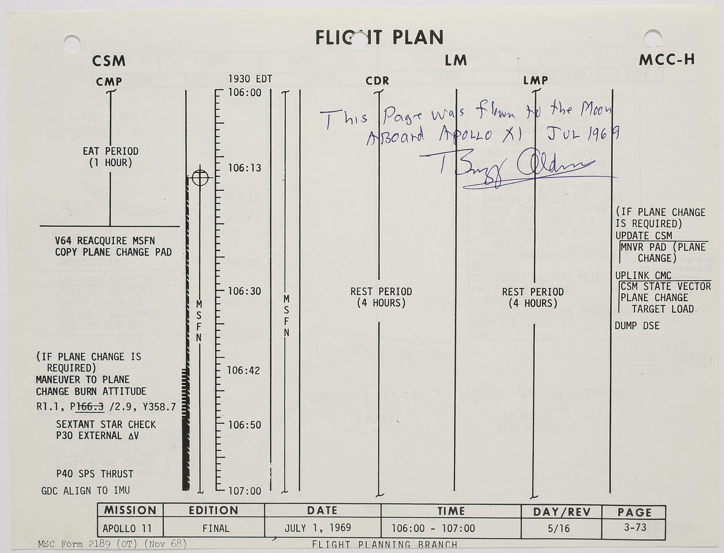 Flown Apollo 11 flight plan sheet. One of the few sheets describing crew activities while on the moon.