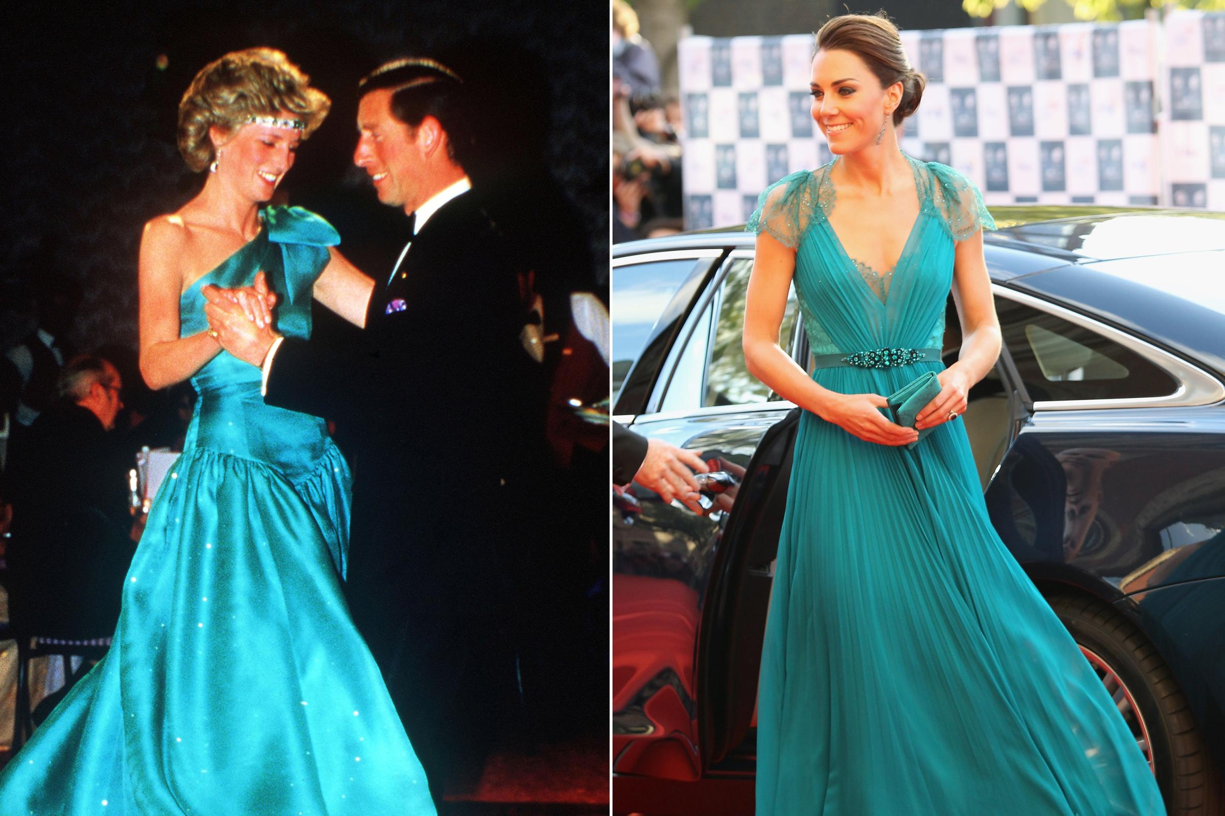 Princess Diana and Kate Duchess of Cambridge similar moments in fashion teal gown