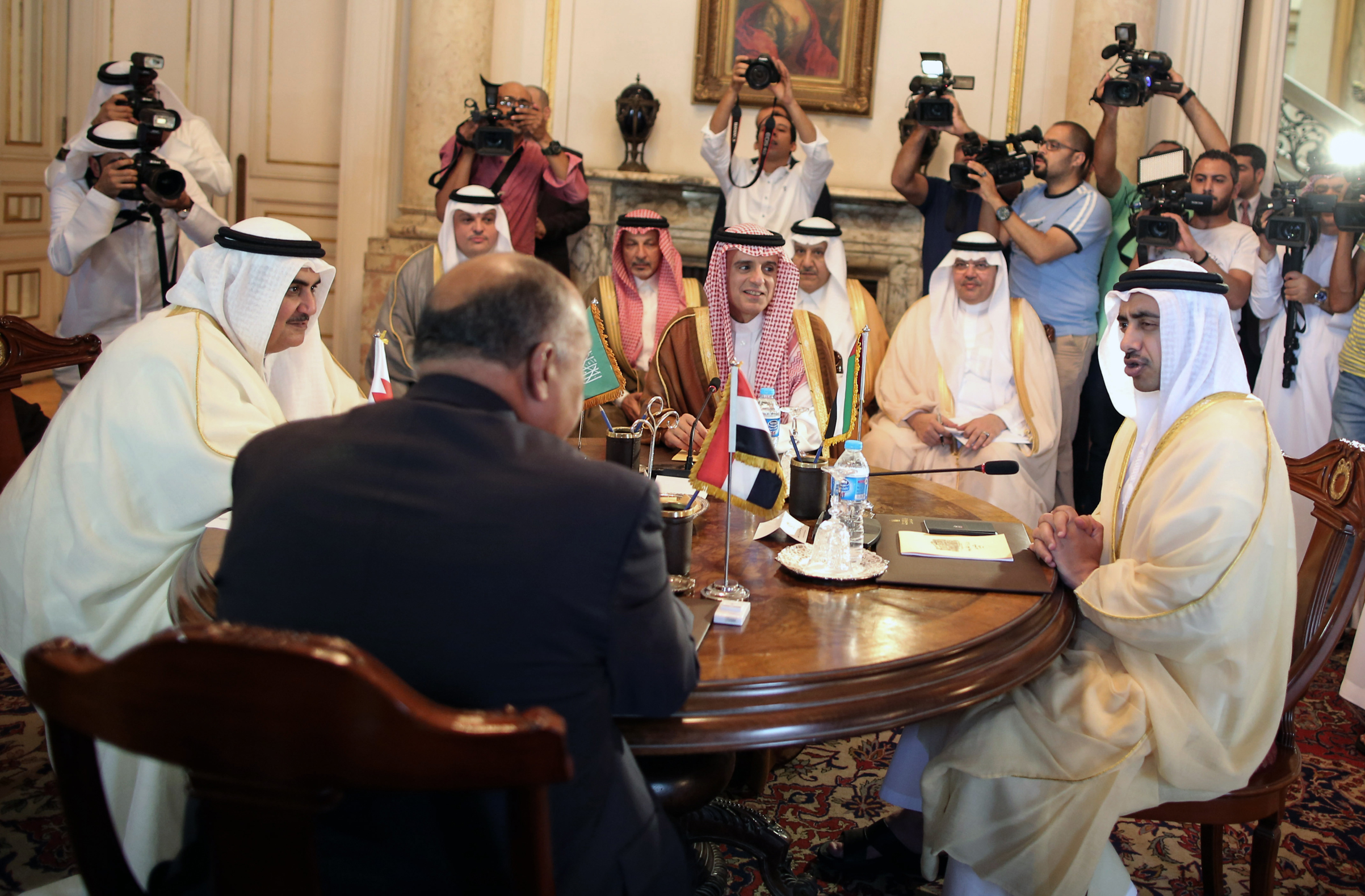 Foreign ministers from Bahrain, Egypt, Saudi Arabia and the U.A.E. discuss the diplomatic crisis with Qatar in Cairo on July 5, 2017. (Khaled Elfiqi—AFP/Getty Images)