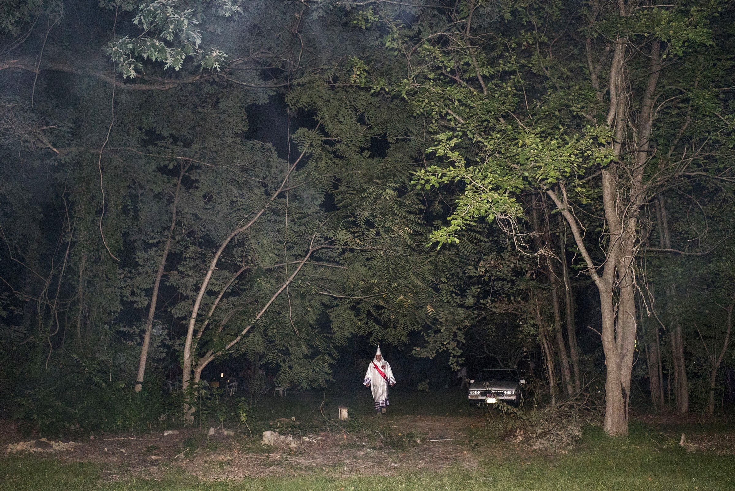 A Ku Klux Klan member in 2015 after a Maryland cross lighting, one of the group’s rituals