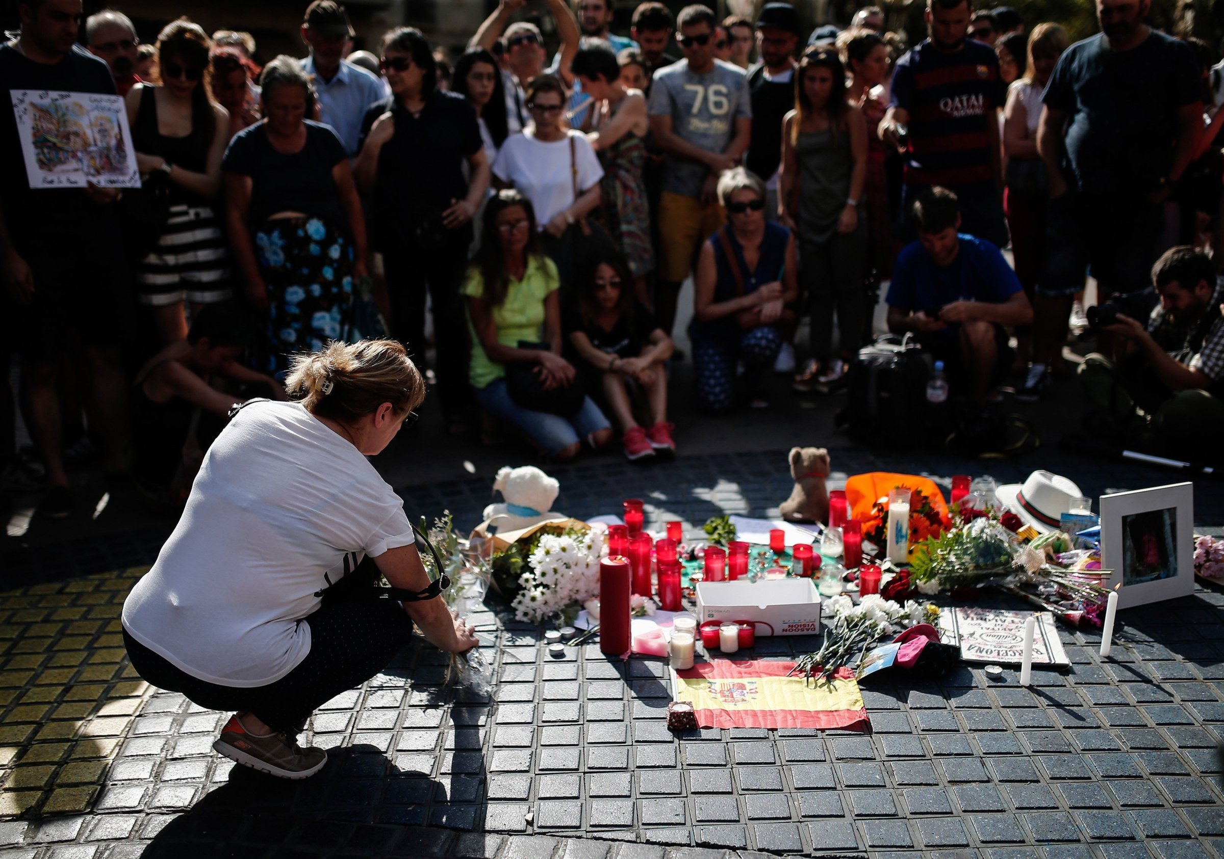 People gather and mourn at La Rambla boulevard for the victims those who lost their lives in terror attack in central Barcelona, on Aug. 18, 2017.