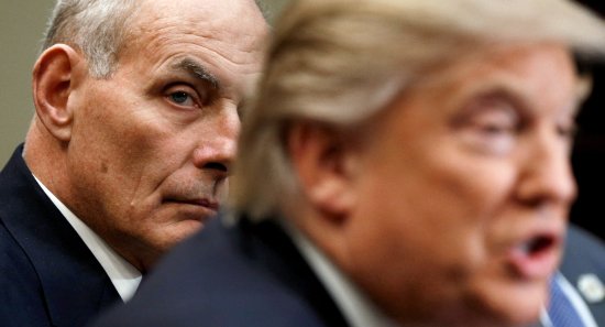 General John Kelly and President Trump attend a meeting on cybersecurity in the White House’s Roosevelt Room on Jan. 31
