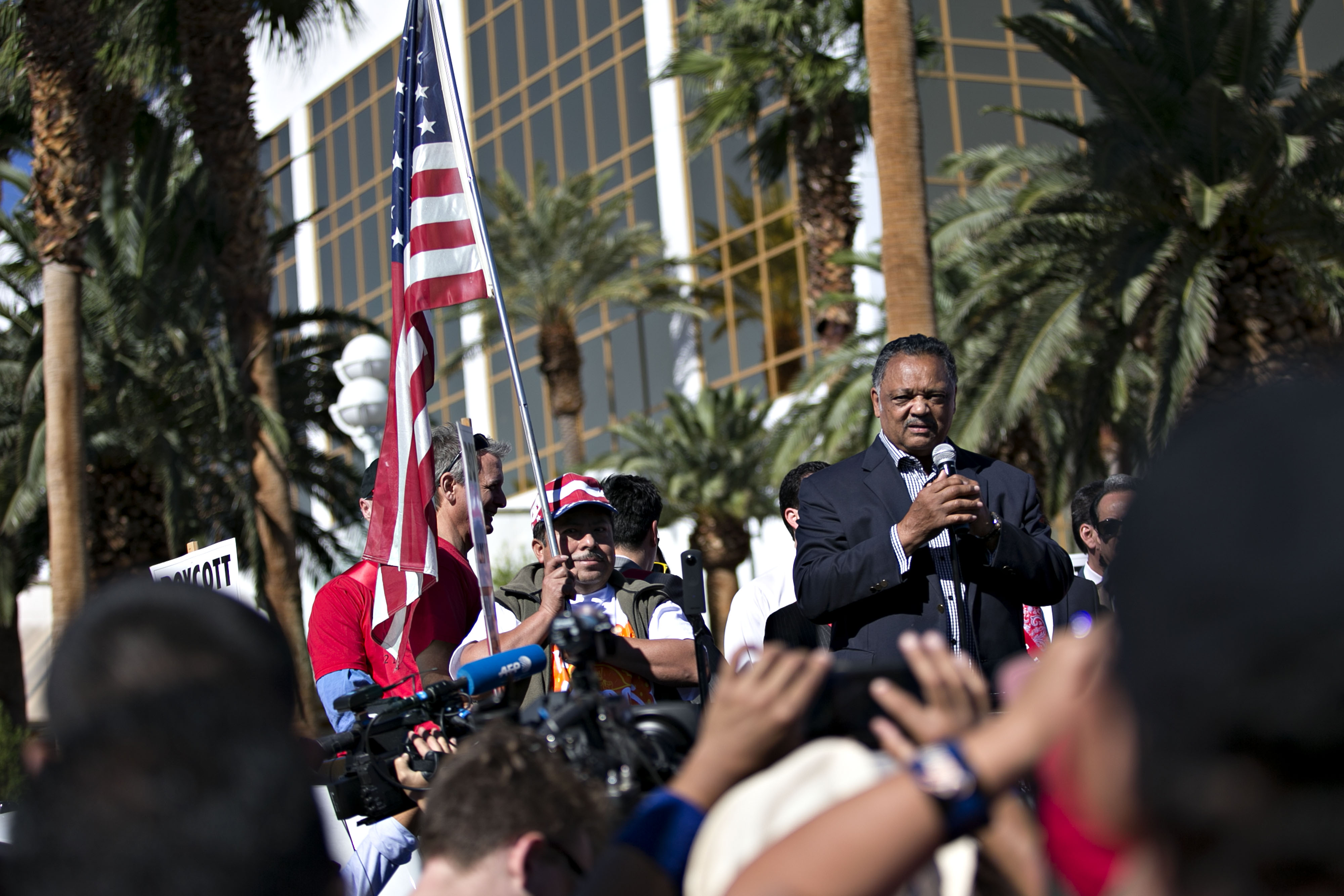 Reverend Jesse Jackson speaks during a demonstration outside the Trump International Hotel Las Vegas ahead of the third presidential debate in Las Vegas, Nevada, U.S., on Wednesday, Oct. 19, 2016. The debate, moderated by Chris Wallace of Fox News, will be the final meeting of Donald Trump and Hillary Clinton ahead of the November 8 presidential election. Photographer: Daniel Acker/Bloomberg (Daniel Acker&mdash;Bloomberg)
