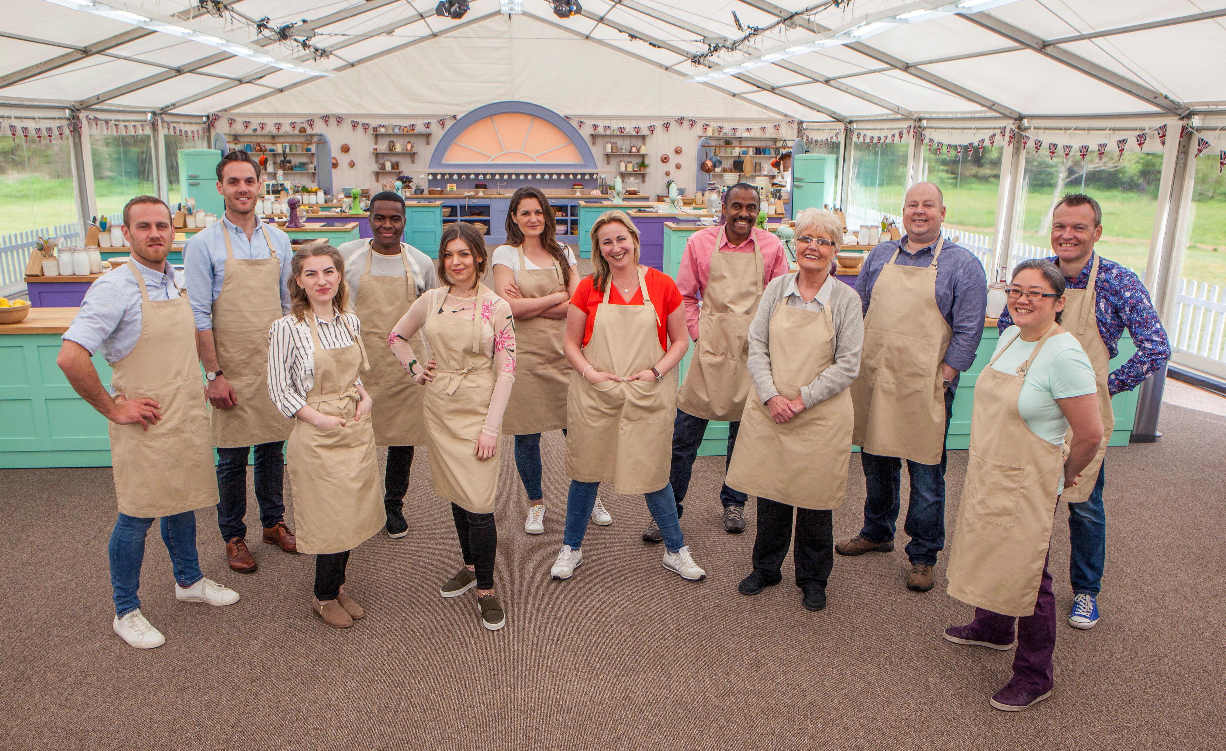The Great British Bake Off, Back row L to R: Steven, Tom, Liam, Sophie, Peter, James, Chris. Front Row L to R: Julia, Kate, Stacey, Flo, Yan (Mark Bourdillon/Love Productions/Channel4)