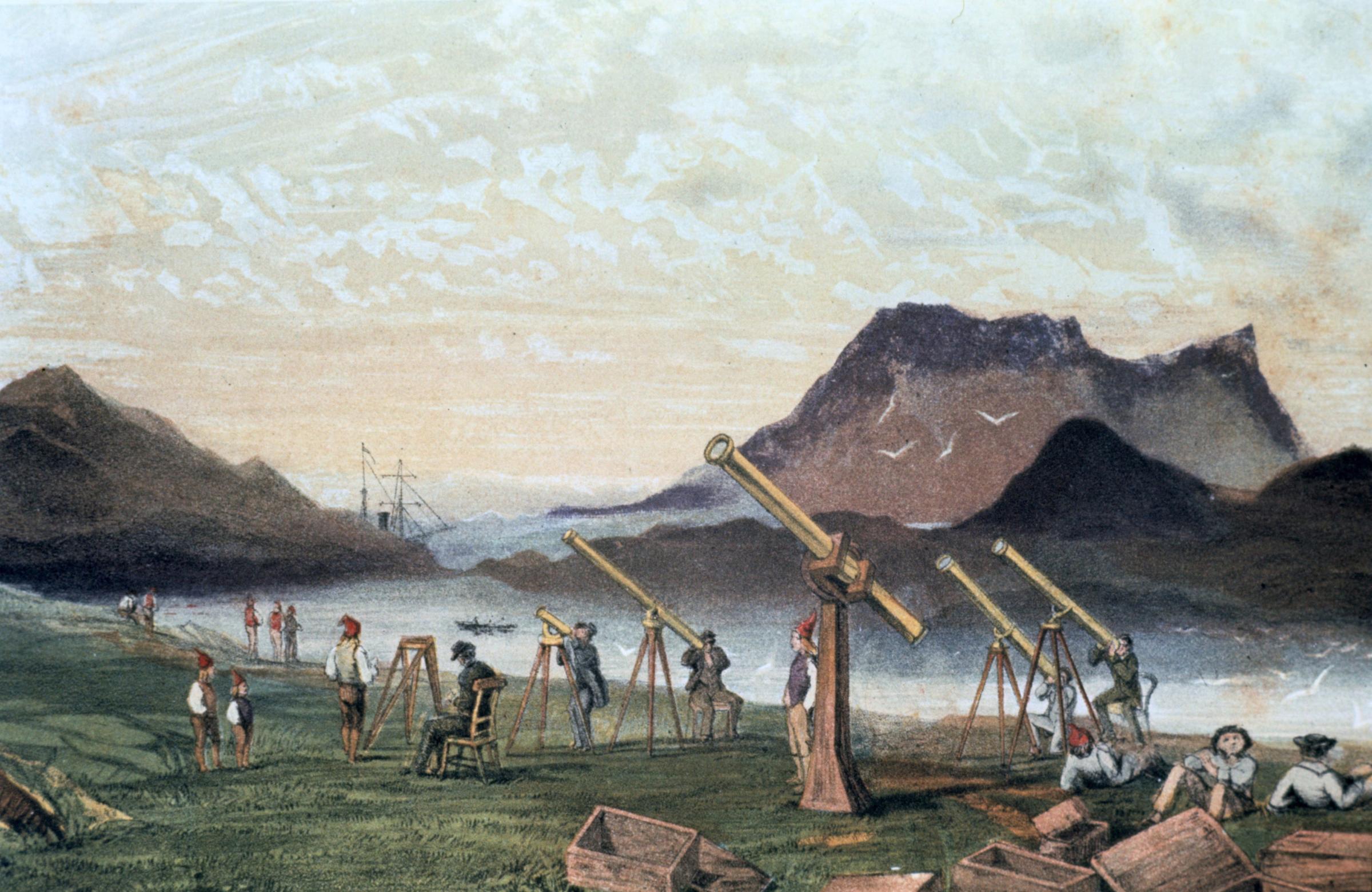 Total Solar Eclipse, 1851. Members of the Edinburgh expedition on Bue Island, Norway with their instruments set up ready for viewing the eclipse , 28 July 1851. Members of the crew from their transport vessel are seated on right by empty packing cases. Fr