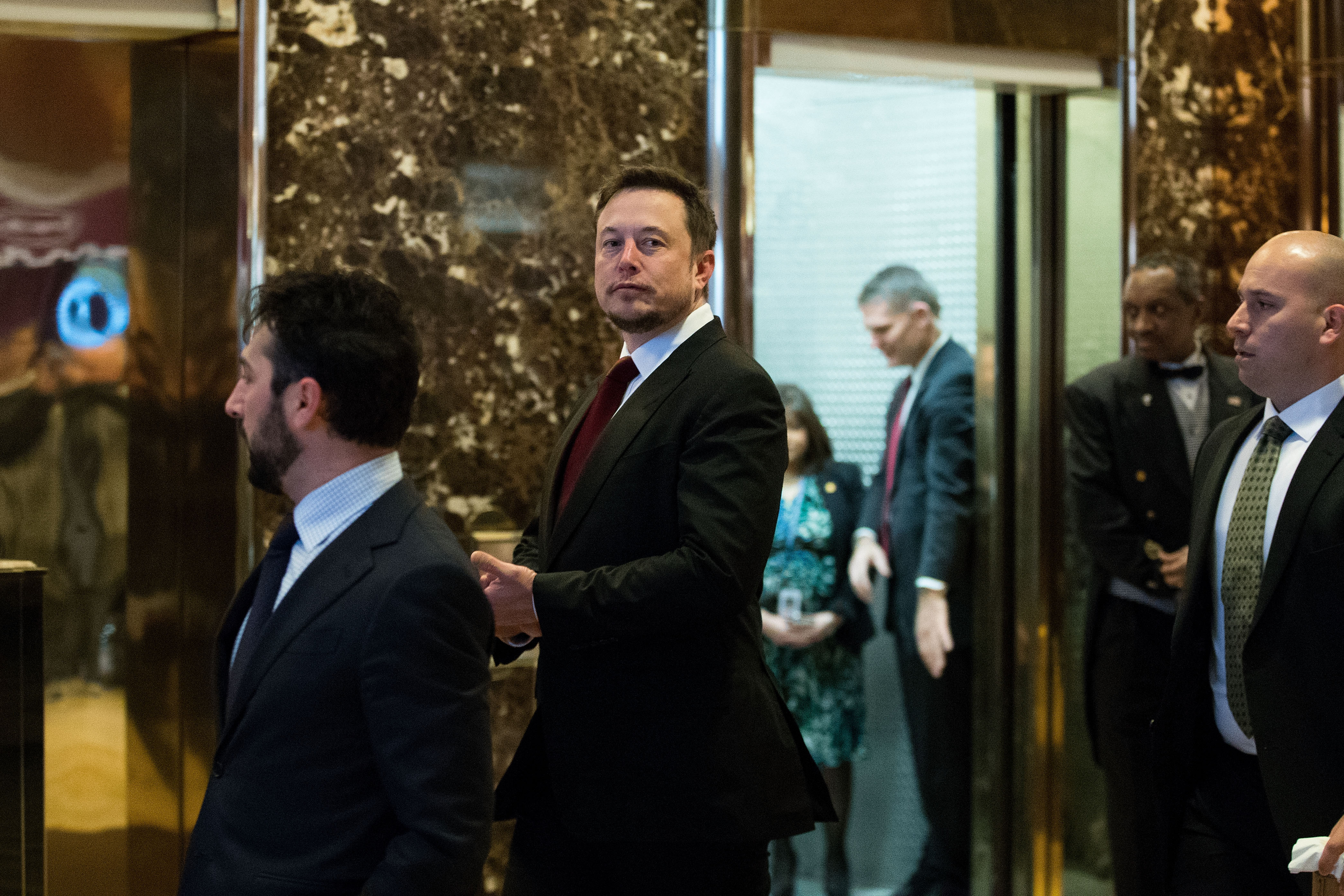 NEW YORK, NY - JANUARY 6: Entrepreneur Elon Musk arrives at Trump Tower, January 6, 2017 in New York City. President-elect Donald Trump and his transition team are in the process of filling cabinet and other high level positions for the new administration. (Photo by Drew Angerer/Getty Images) (Drew Angerer&mdash;Getty Images)