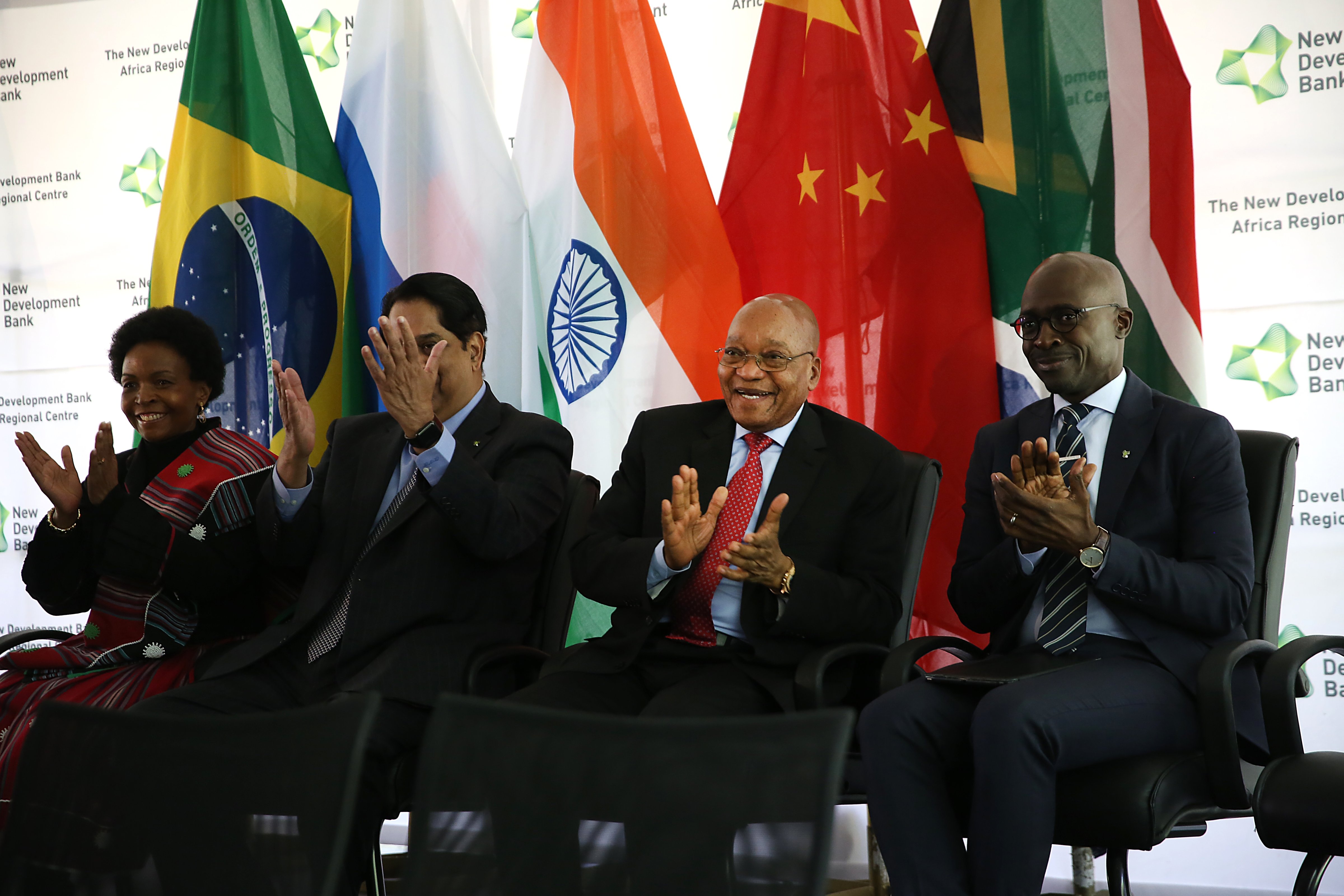 The president of the Brics New Development Bank, KV Kamath, is seen with President Jacob Zuma, Malusi Gigaba and Maite Nkoana-Mashabane during the launch of the bank at the African Regional Centre on August 17, 2017 in Sandton, South Africa (The Times—Getty Images)