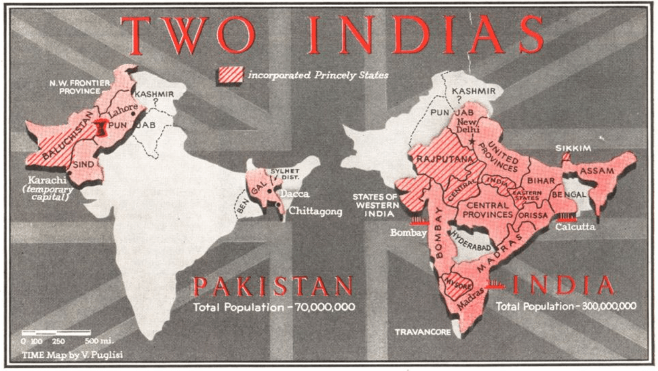 A map of the proposed division of India, from the June 30, 1947, issue of TIME (TIME Map)