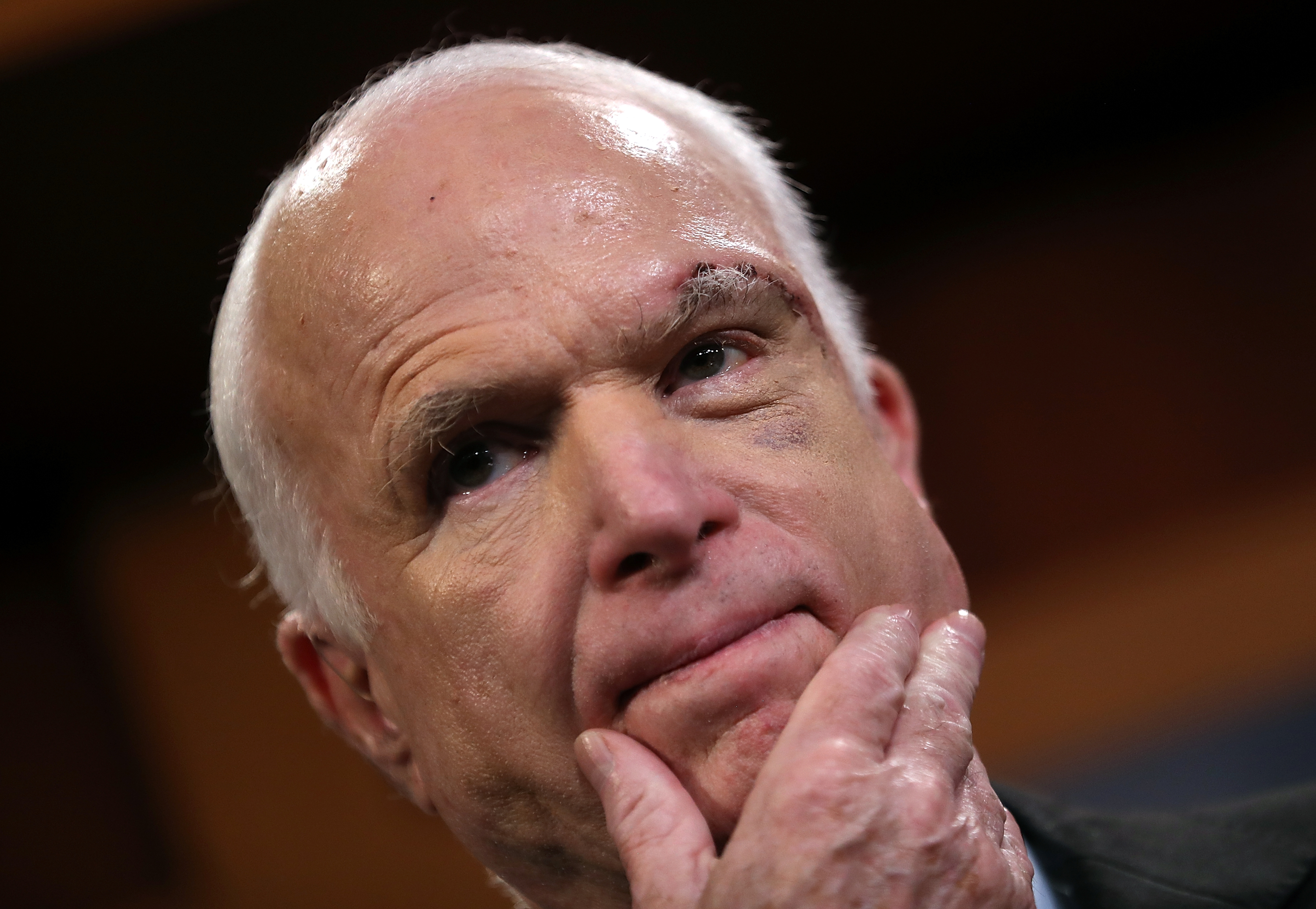 U.S. Sen. John McCain (R-AZ) looks on during a news conference to announce opposition to the so-called skinny repeal of Obamacare at the U.S. Capitol July 27, 2017 in Washington, DC. (Justin Sullivan—Getty Images)