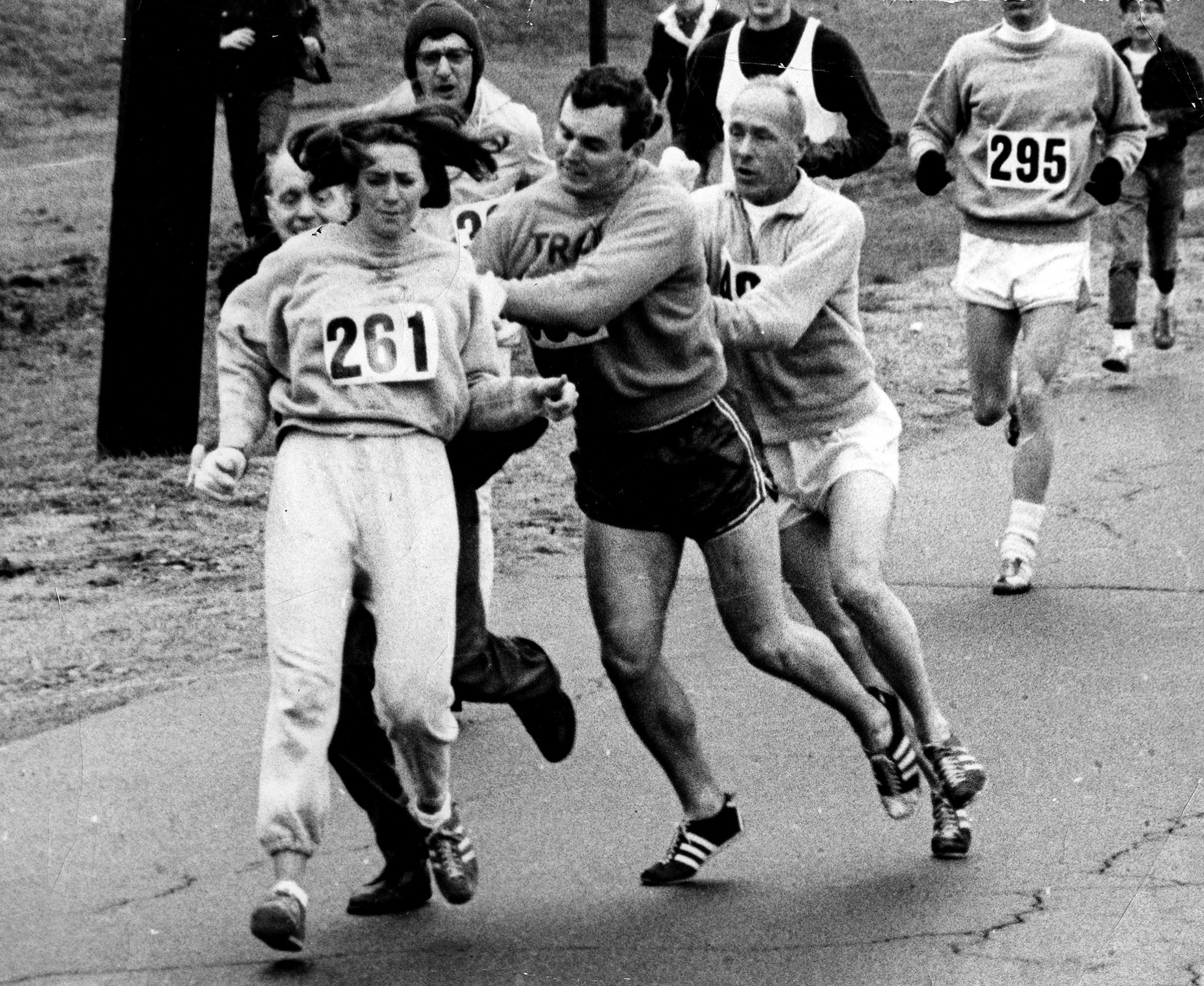 KATHY SWITZER: First woman to run the Boston marathon, 1967.