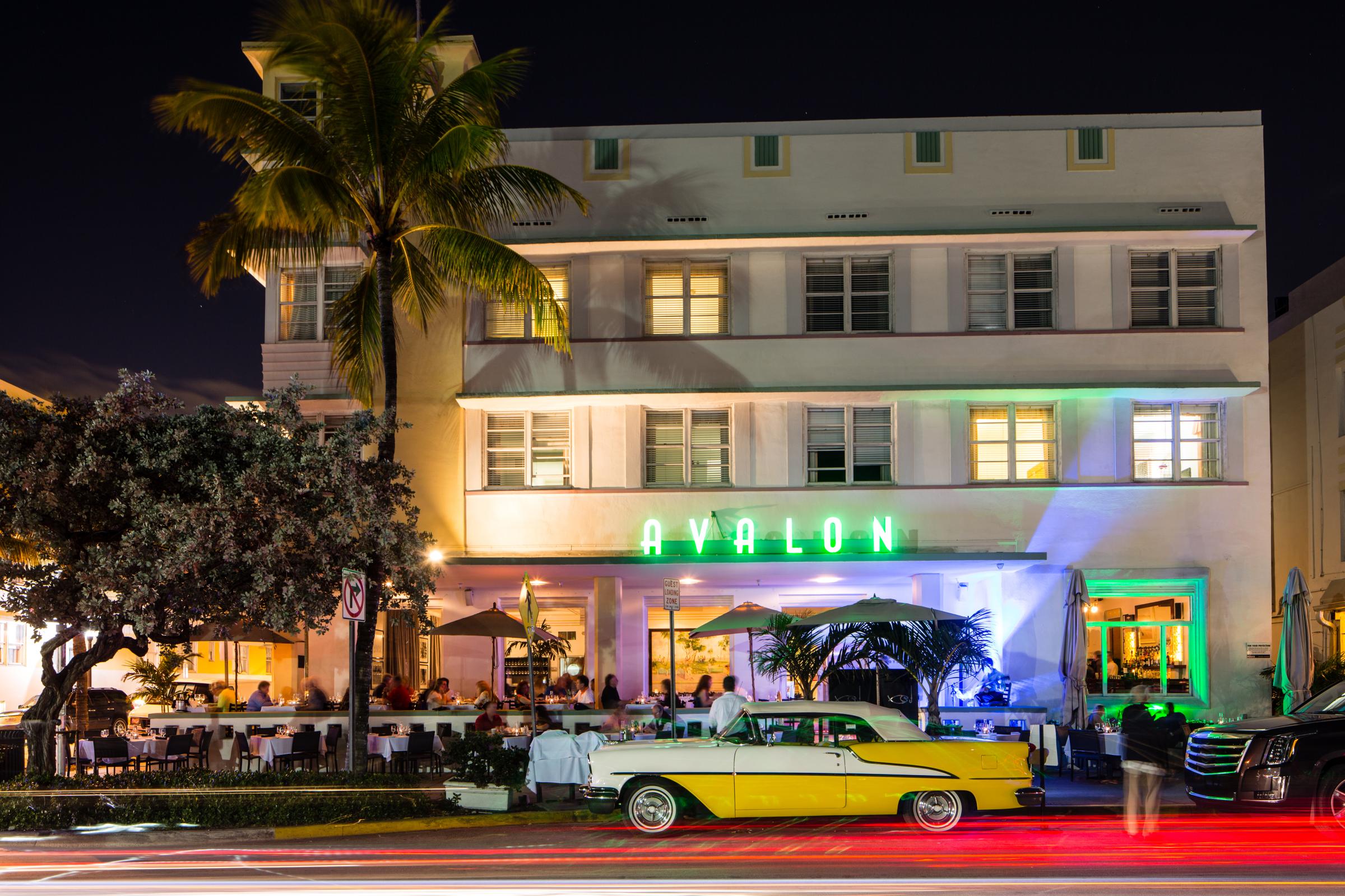 Vintage automobile and hotel, Ocean Drive, South Beach, Miami, Florida, USA