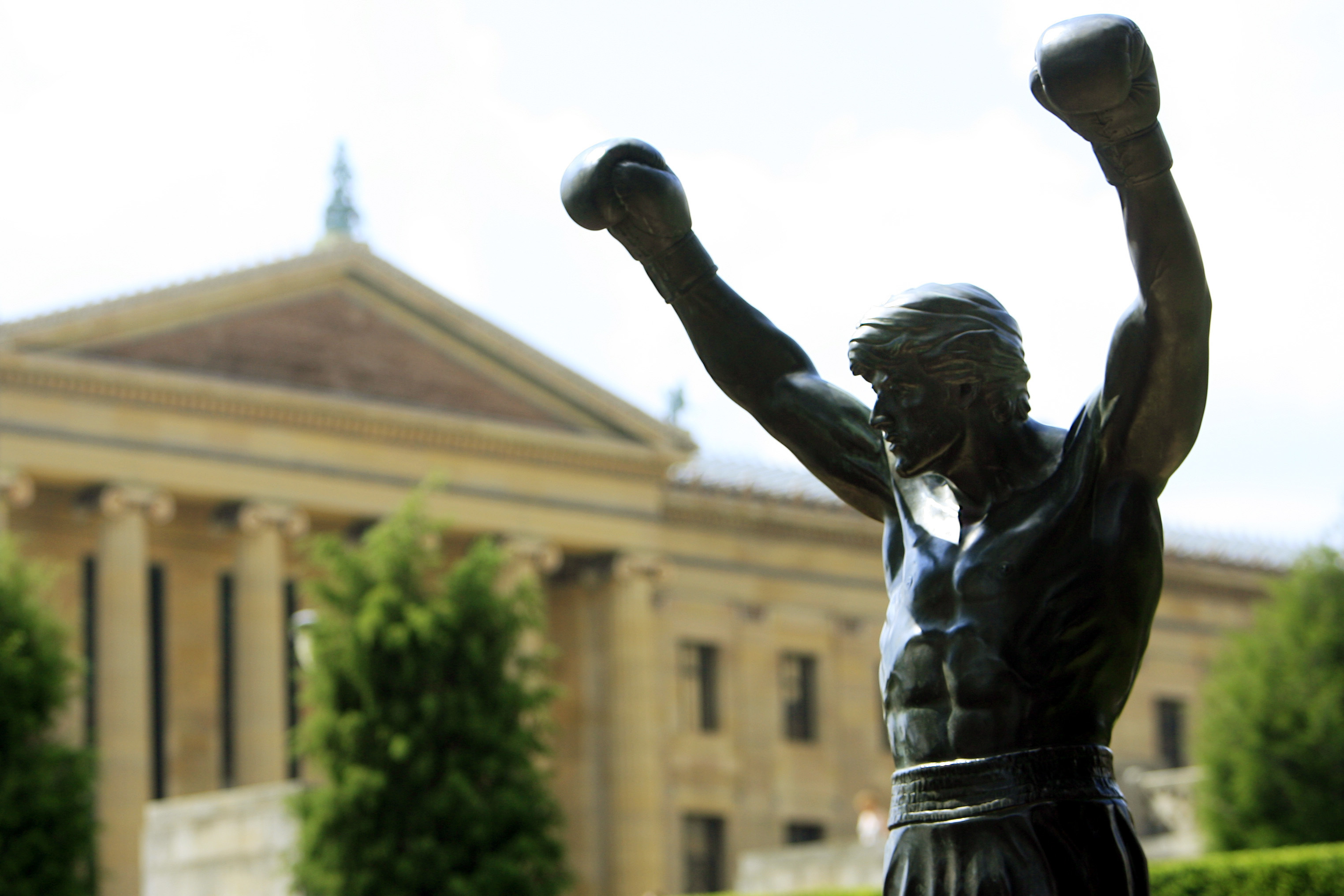In this Sept. 7, 2006 file photo, the bronze statue of Sylvester Stallone portraying the boxer from the film "Rocky III" is seen shortly after workers installed it near the steps of the Philadelphia Museum of Art in Philadelphia. (MATT ROURKE&mdash;AP)