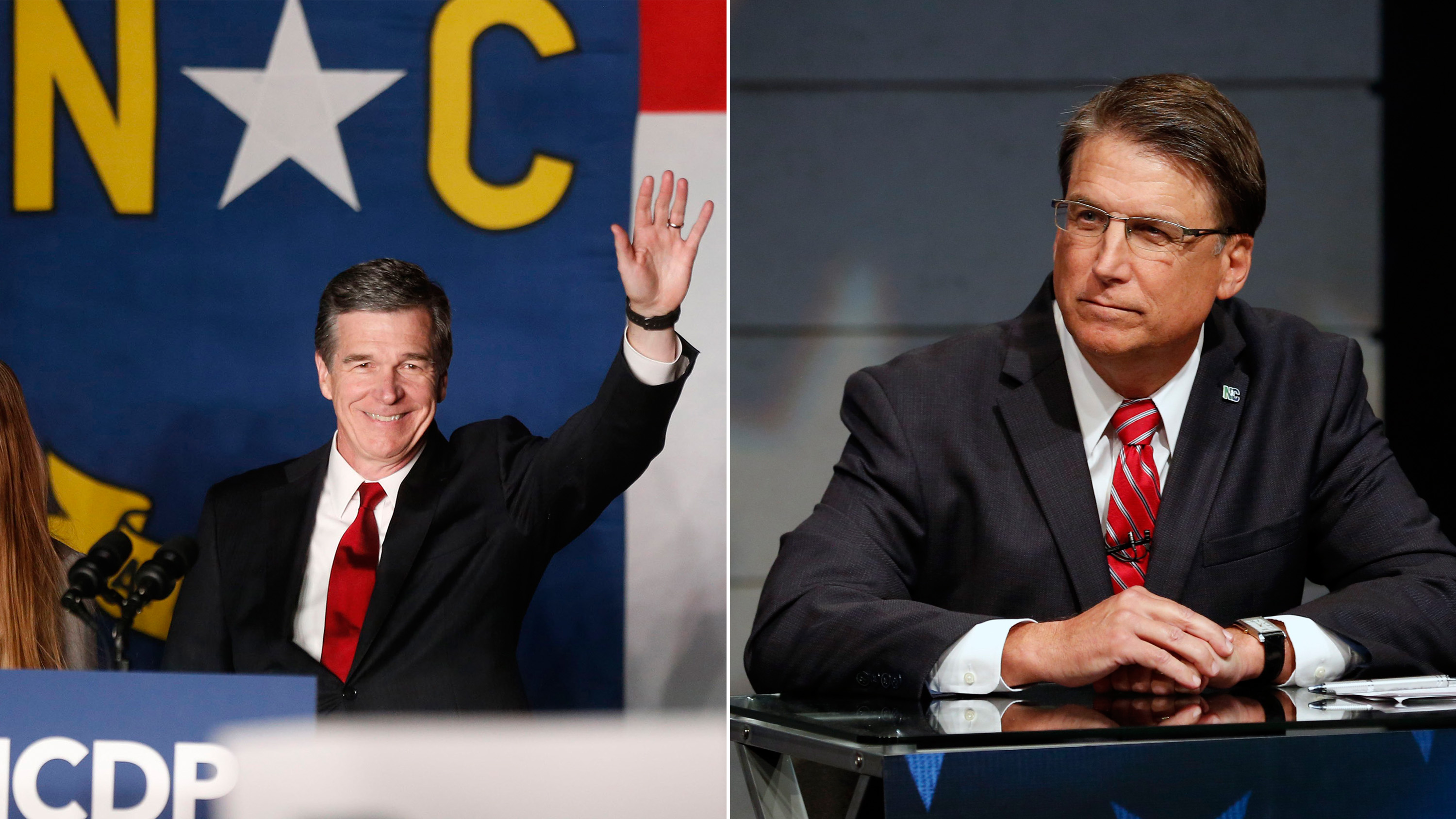 Roy Cooper greets supporters during an election party hosted by the North Carolina Democratic Party on Nov. 8, 2016; Pat McCrory, Republican candidate for Governor of North Carolina, during a debate at WRAL studios in Raleigh, N.C., on Oct. 18, 2016. (Ethan Hyman—Raleigh News &amp; Observer/Getty Images; Chris Seward—Charlotte Observer/Getty Images)