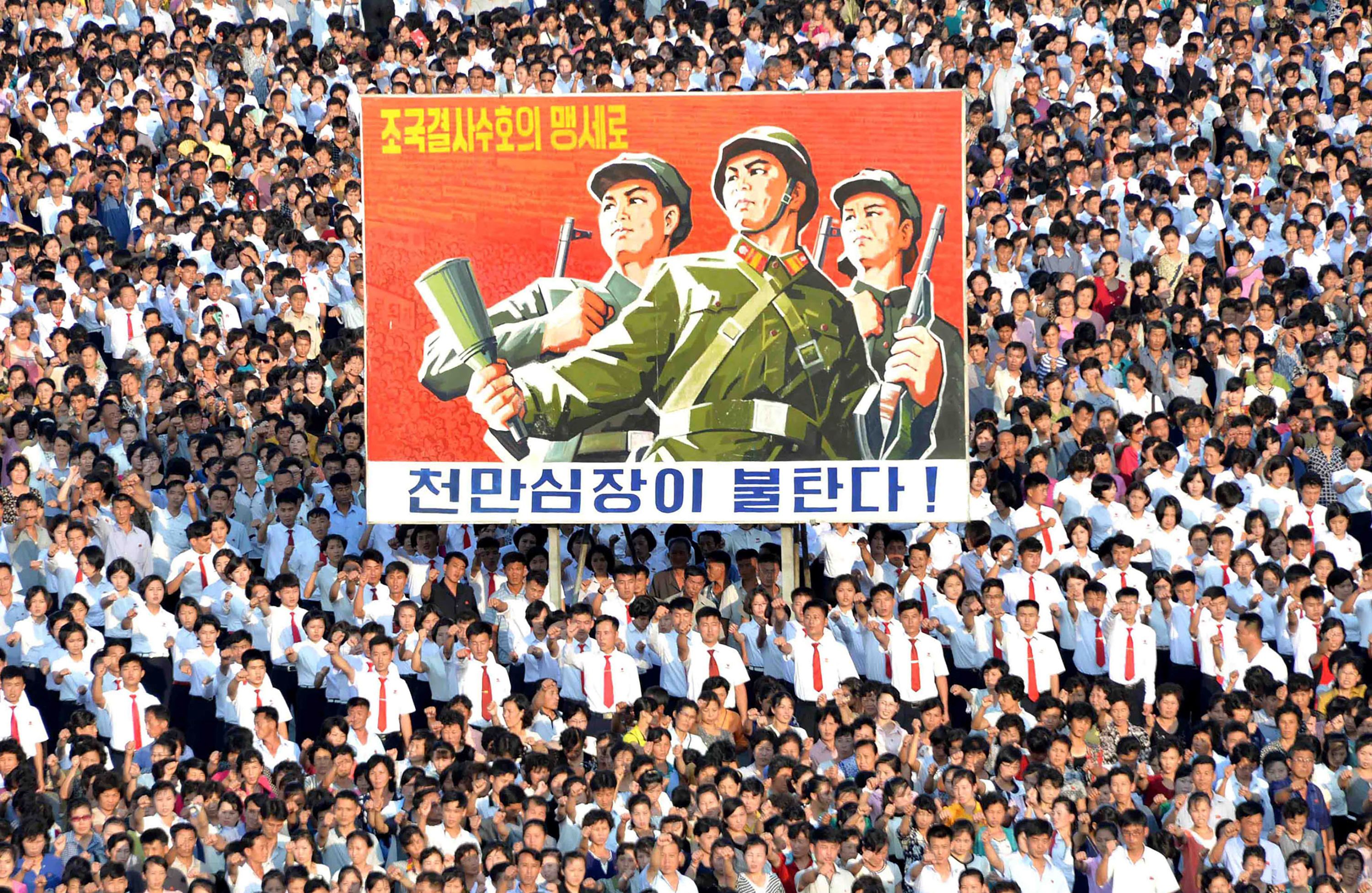 This picture taken on August 9, 2017 and released by North Korea's official Korean Central News Agency shows a rally in support of North Korea's stance against the US (STR&mdash;AFP/Getty Images)