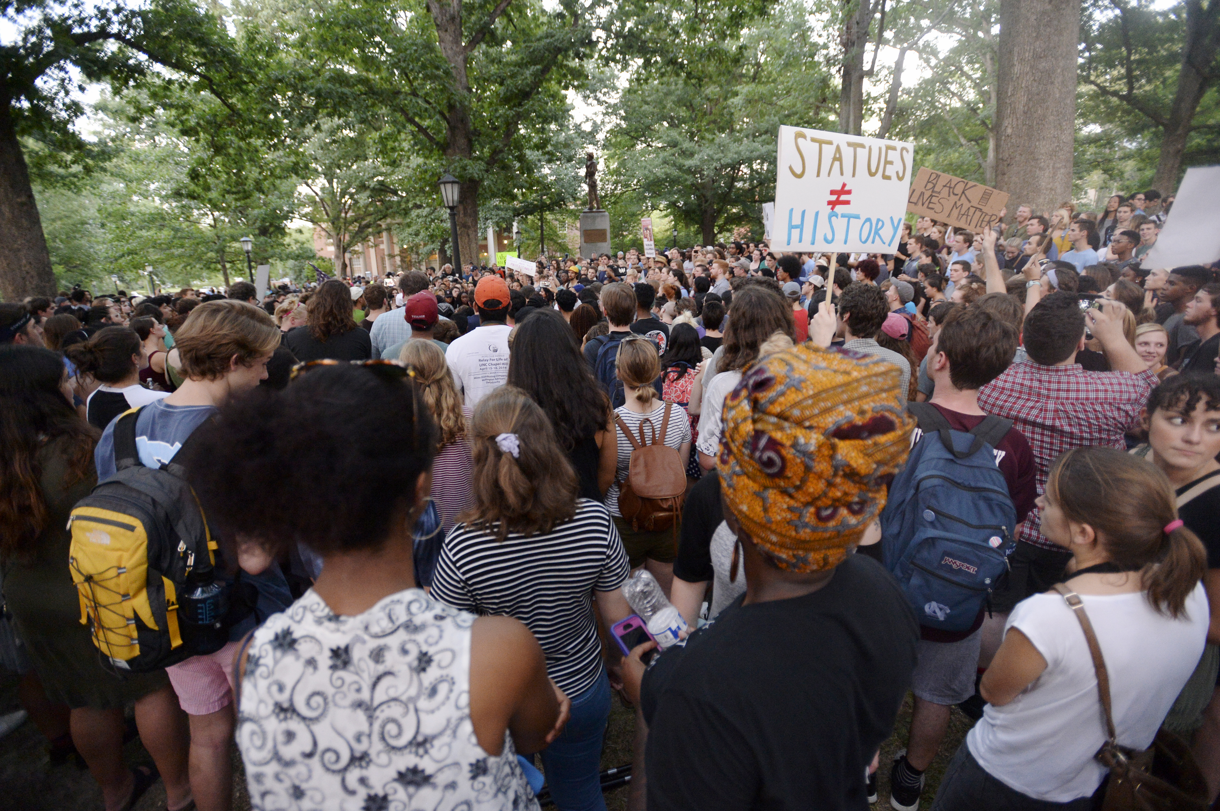 Demonstrators rally for the removal of a Confederate statue, coined Silent Sam, on the campus of the University of Chapel Hill on Aug. 22, 2017 in Chapel Hill, North Carolina. (Sara D. Davis/Getty Images)