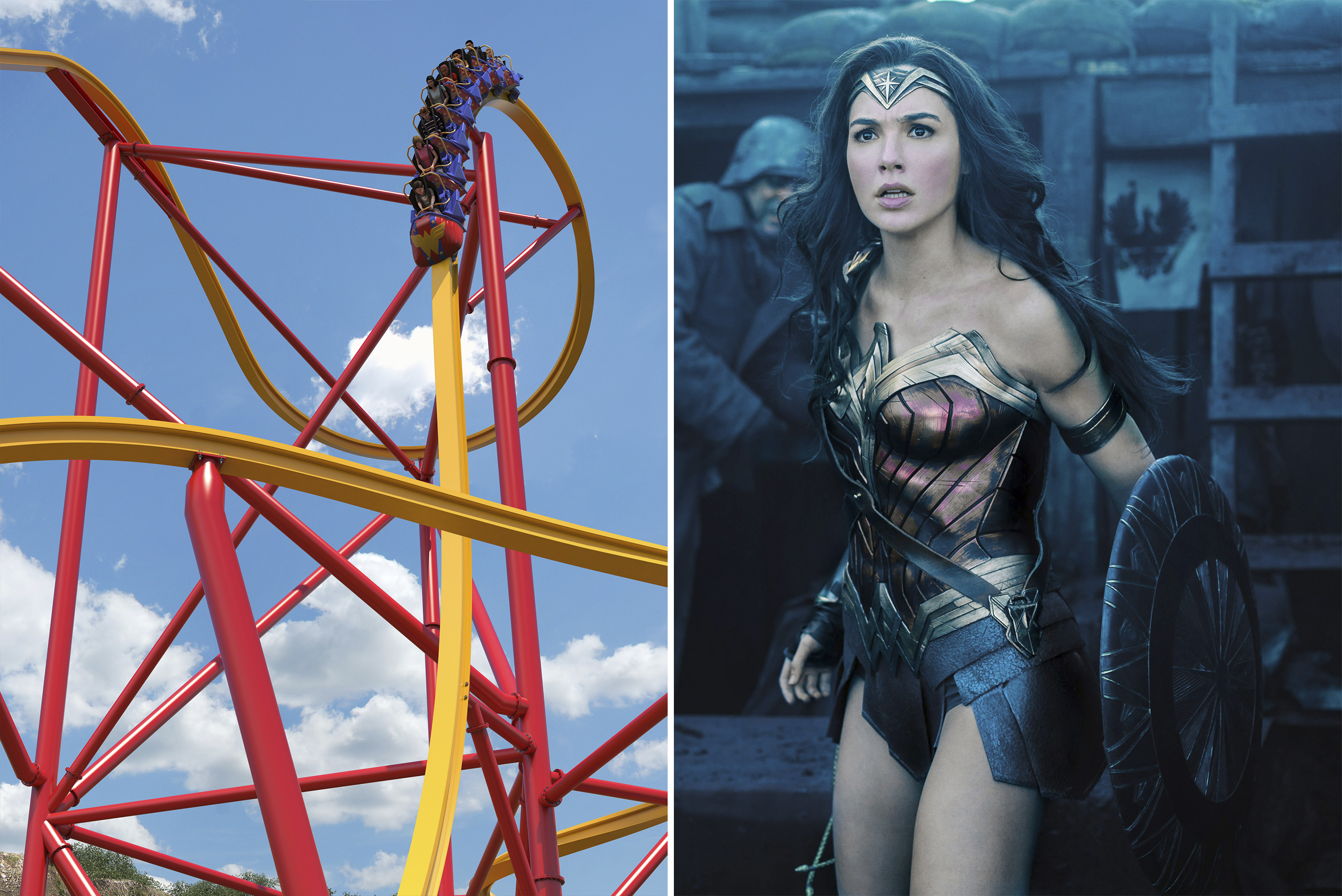 (left) Wonder Woman Golden Lasso Coaster; (right) WONDER WOMAN, Gal Gadot, 2017. ((left) Six Flags Entertainment; (right) Clay Enos—Warner Bros./Everett Collection)