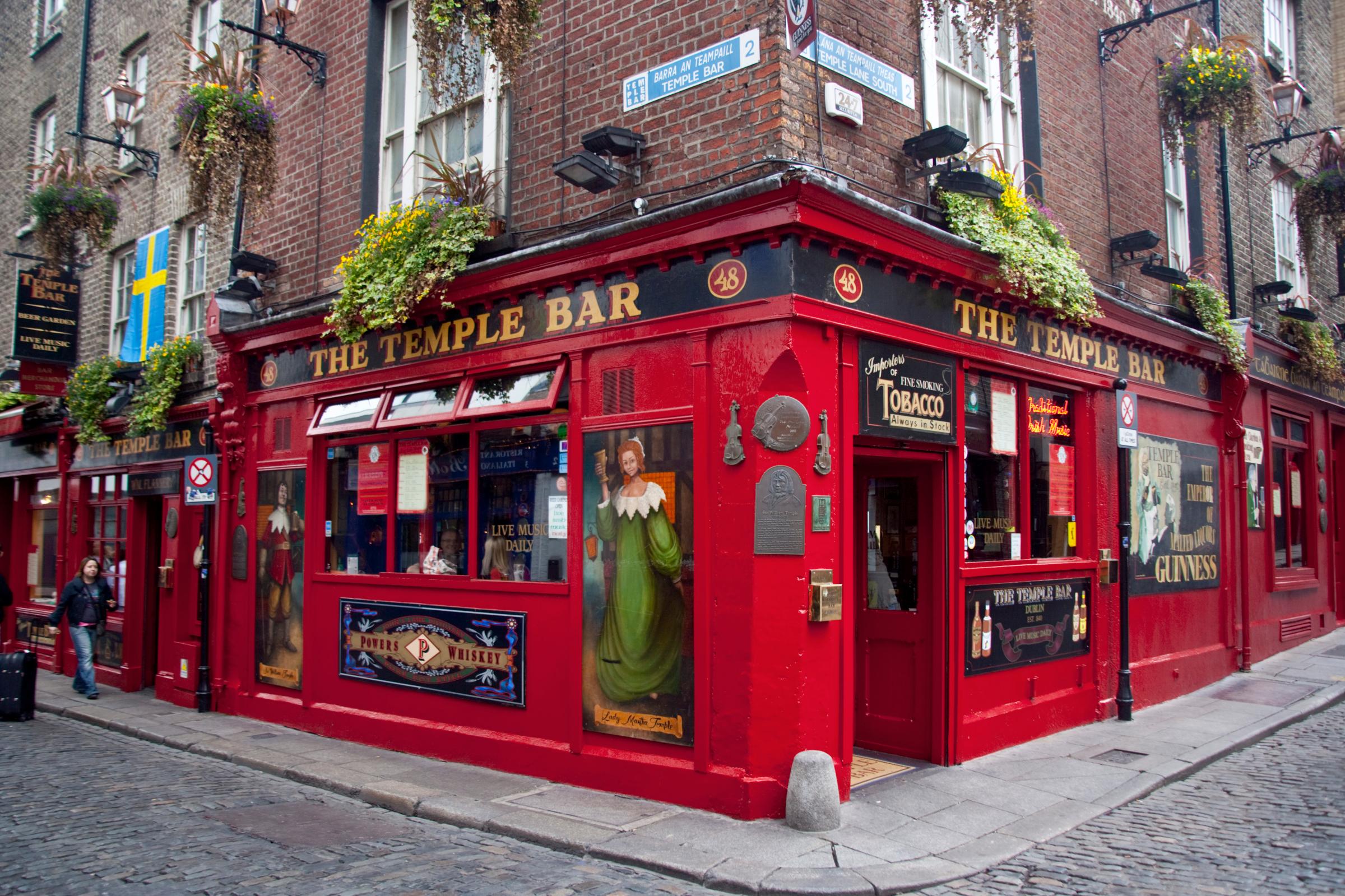 The Temple Bar in the district of Temple Bar, on the south bank of the River Liffey in central Dublin, Ireland