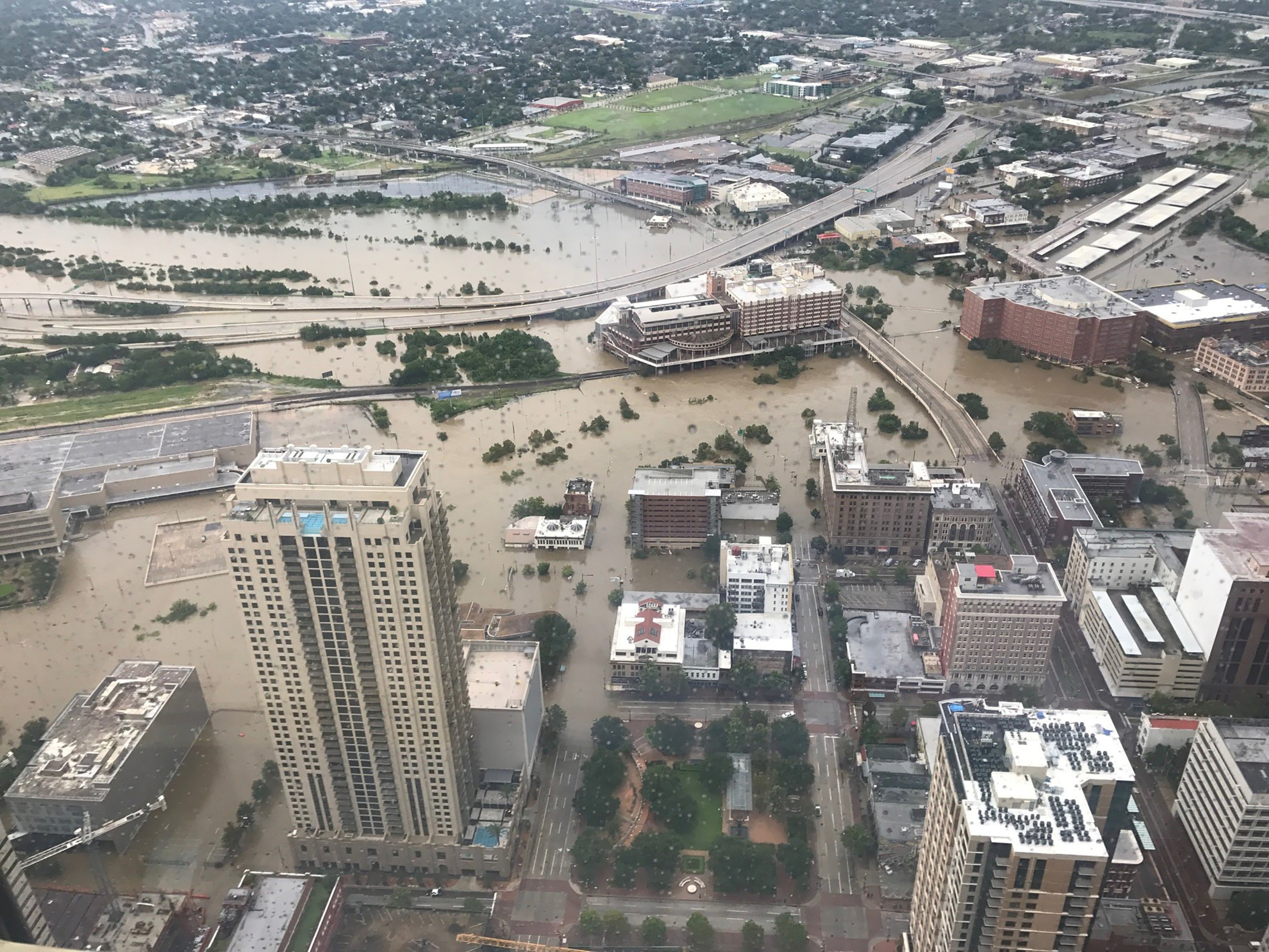 Flooded downtown is seen from JP Morgan Chase Tower after Hurricane Harvey inundated the Texas Gulf coast with rain causing widespread flooding, in Houston, Texas, U.S. August 27, 2017 in this picture obtained from social media.