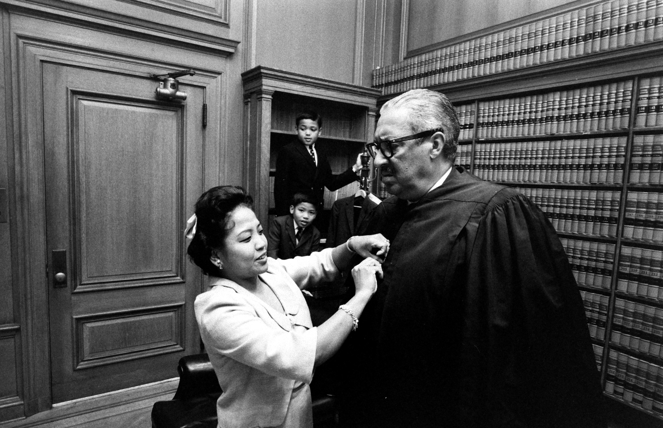 U.S. Justice Thurgood Marshall with his wife, Cecilia Suyat, 1967.