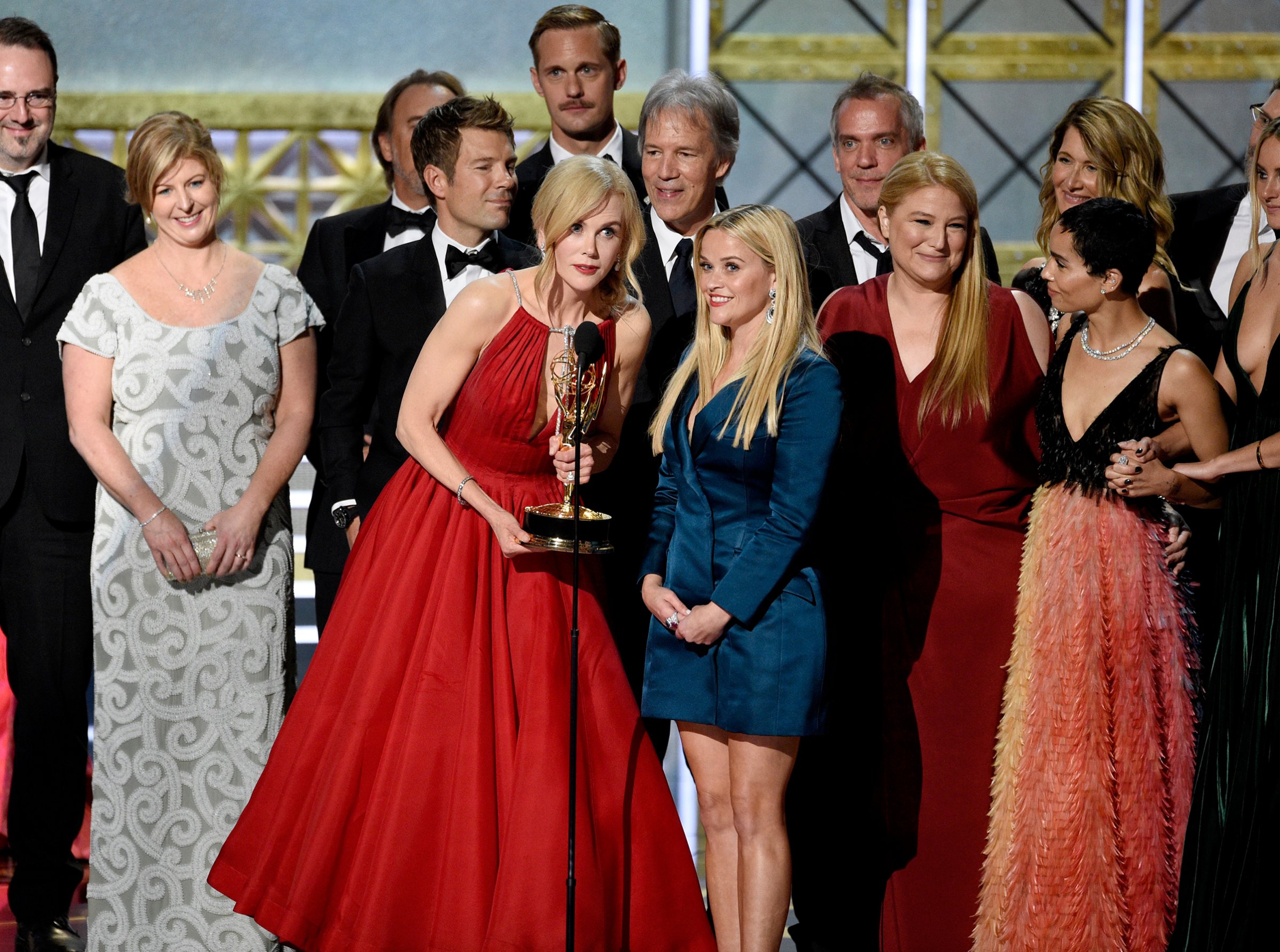 Nicole Kidman, center left, Reese Witherspoon, center right, and cast and crew accept the award for outstanding limited series for "Big Little Lies" at the 69th Primetime Emmy Awards on Sept. 17, 2017, at the Microsoft Theater in Los Angeles.