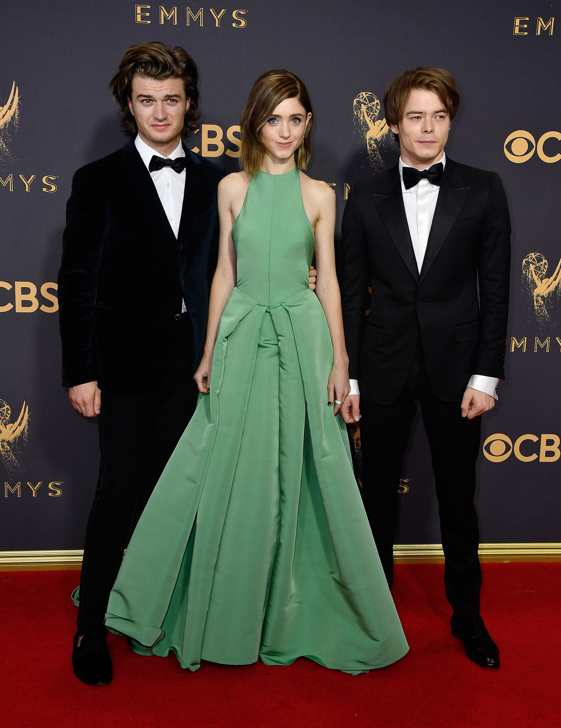 (L-R) Actors Joe Keery, Natalia Dyer and Charlie Heaton attend the 69th Annual Primetime Emmy Awards at Microsoft Theater on September 17, 2017 in Los Angeles, California.