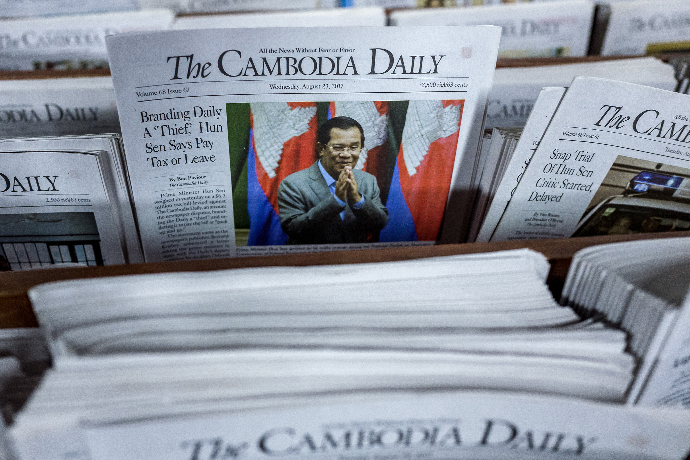 The dispute between the government of Prime Minister Hun Sen and The Cambodia Daily appeared on an August front page, in Phnom Penh on Sept. 1, 2017. (Omar Havana—The New York Times/Redux)