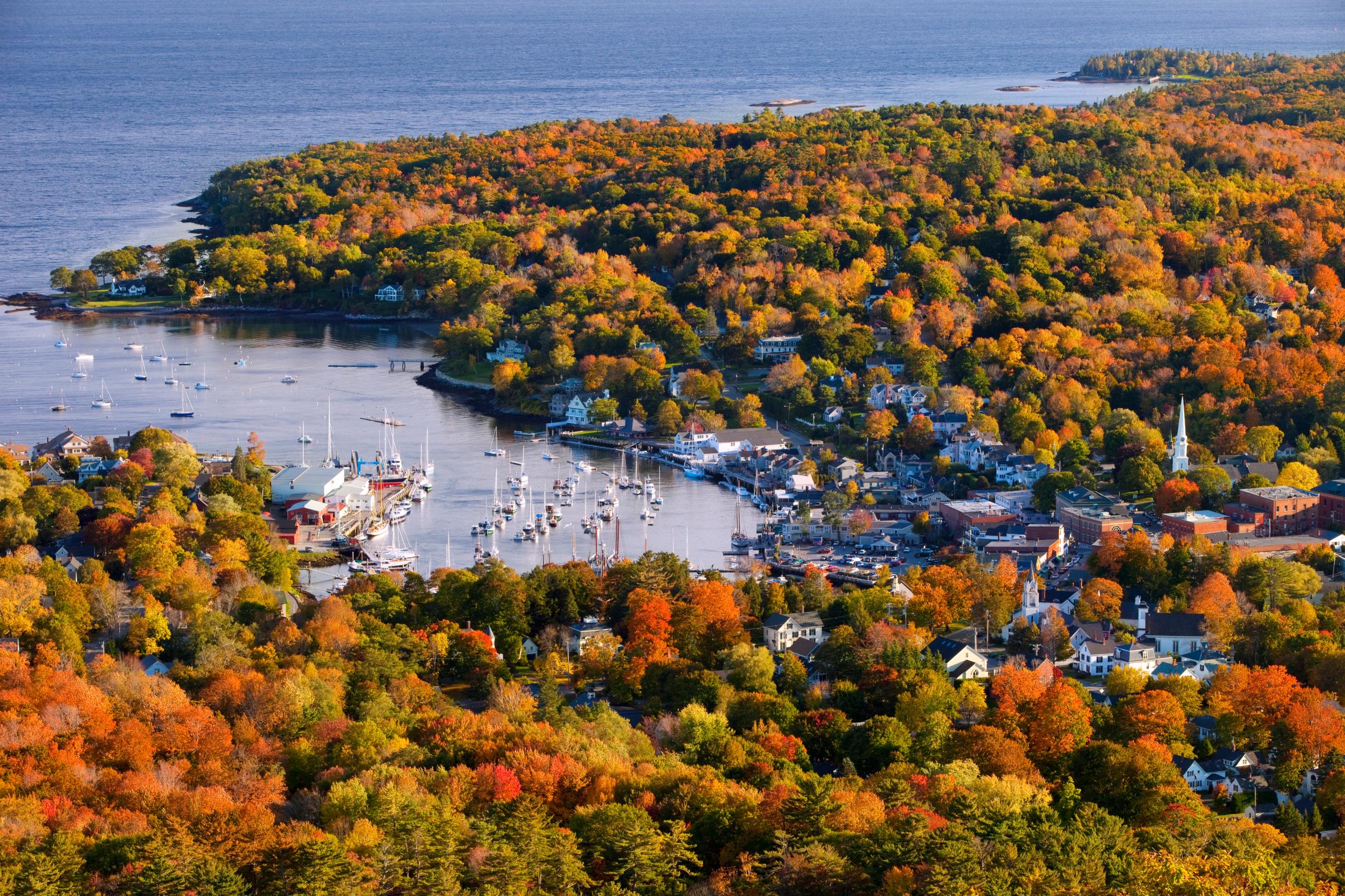 Autumn view over small harbor town of Camden, Maine, USA