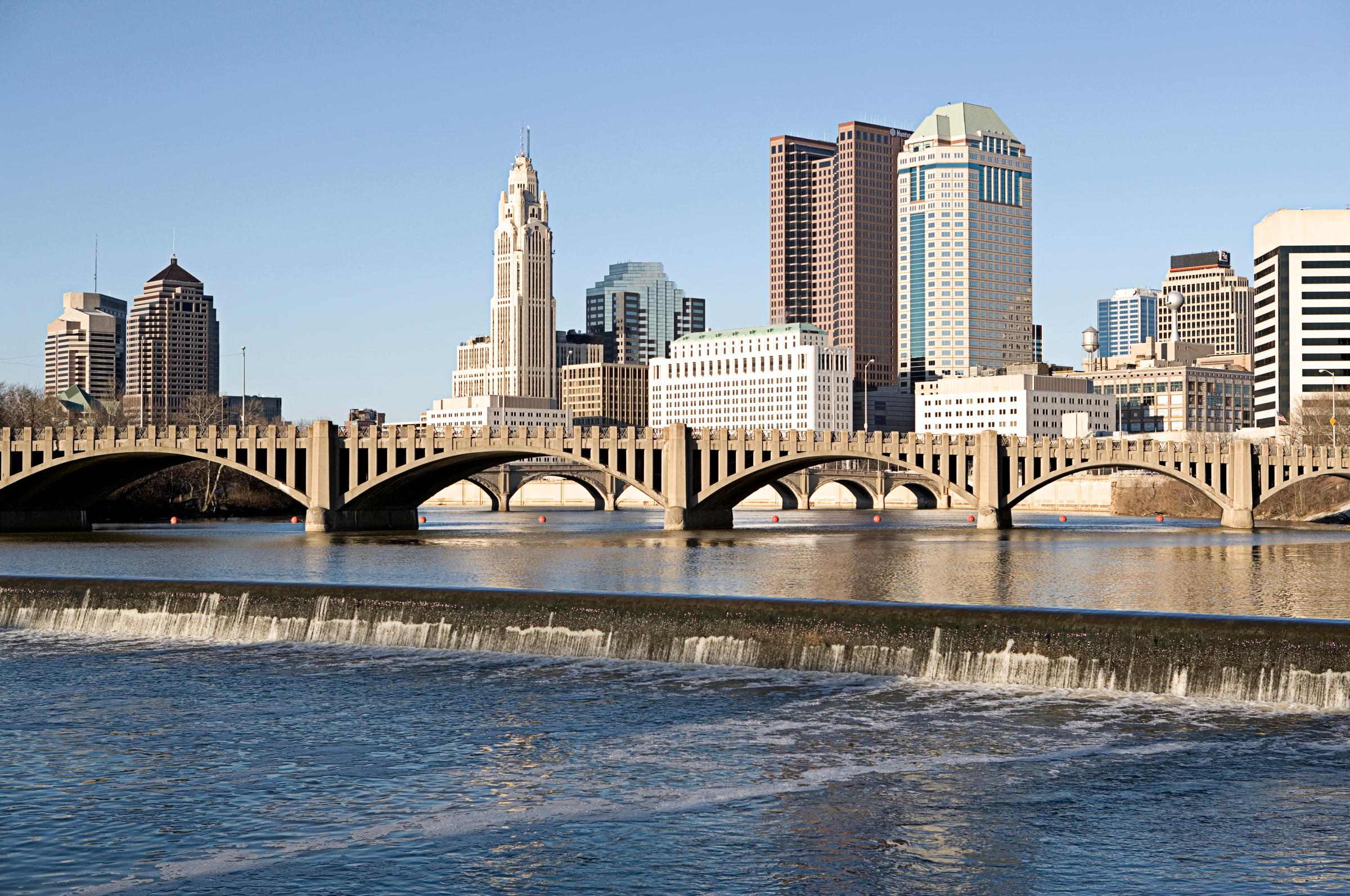 Scioto river with waterfall and Columbus Ohio skyline, USA