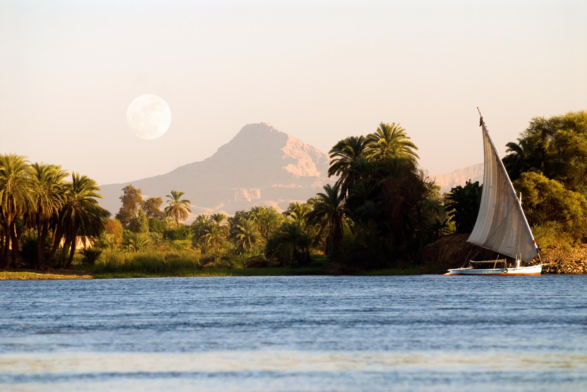 View of the Nile and west river bank, Luxor