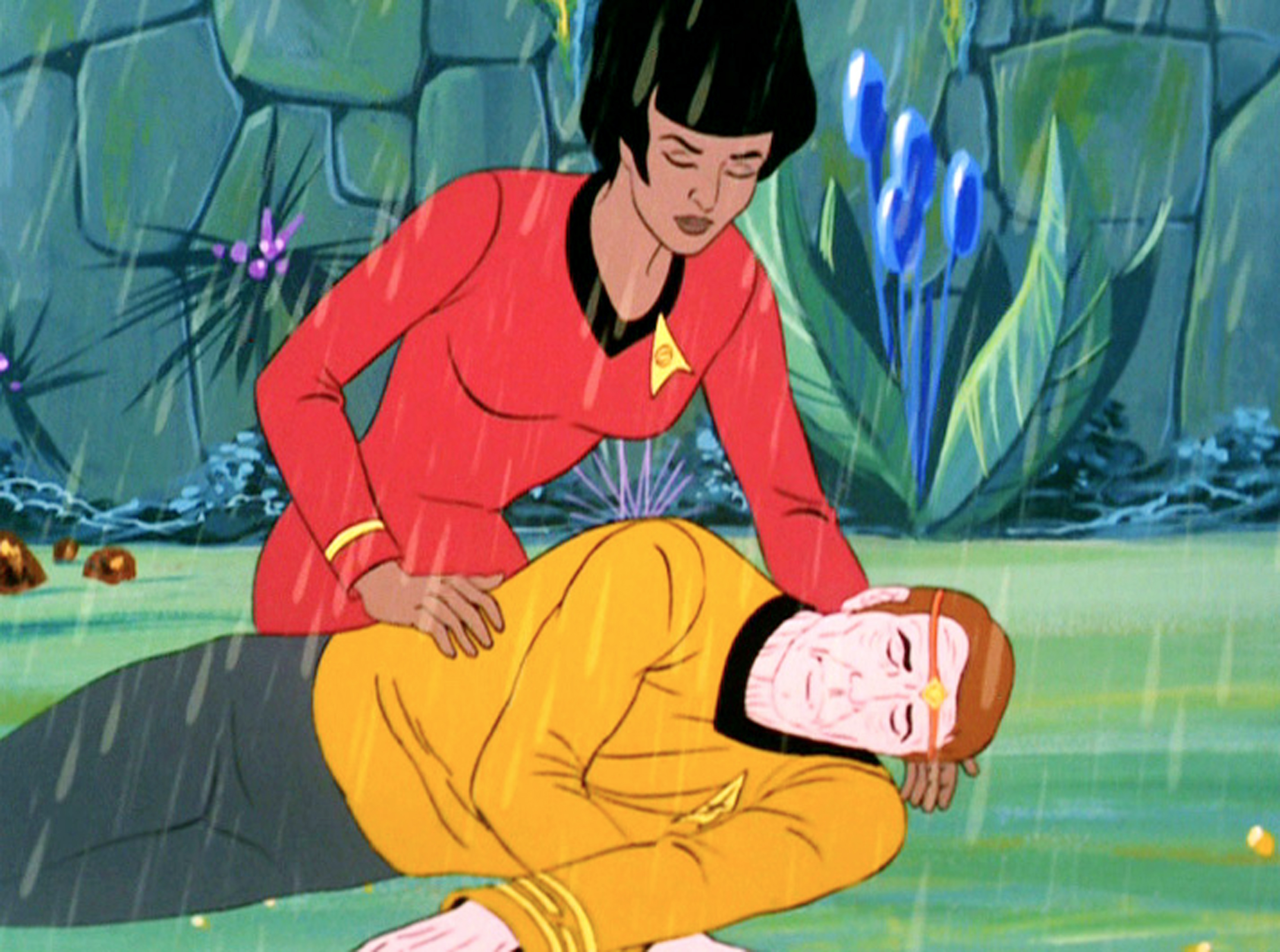 LOS ANGELES - SEPTEMBER 29: Uhura rescues a weakened Captain Kirk in Star Trek: The Animated Series episode, "The Lorelei Signal." Original air date, September 29, 1973. Image is a screen grab. (Photo by CBS via Getty Images) (CBS Photo Archive—CBS via Getty Images)