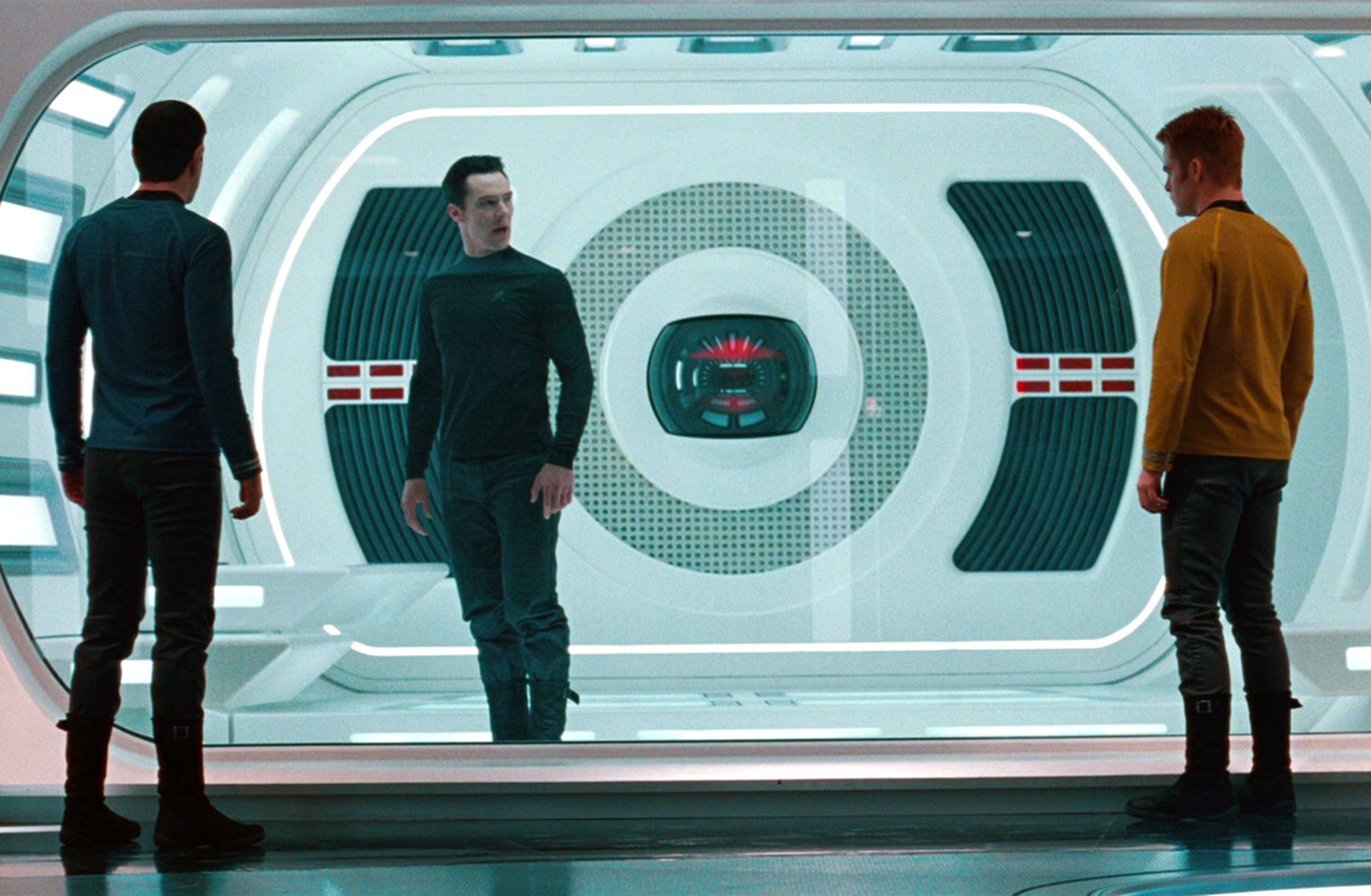 LOS ANGELES - MAY 16: Zachary Quinto as Commander Spock, Benedict Cumberbatch as Khan Noonien Singh and Chris Pine as Captain James T. Kirk in the 2013 movie, "Star Trek: Into Darkness." Release date May 16, 2013. Image is a screen grab. (Photo by CBS via Getty Images) (CBS Photo Archive—CBS via Getty Images)
