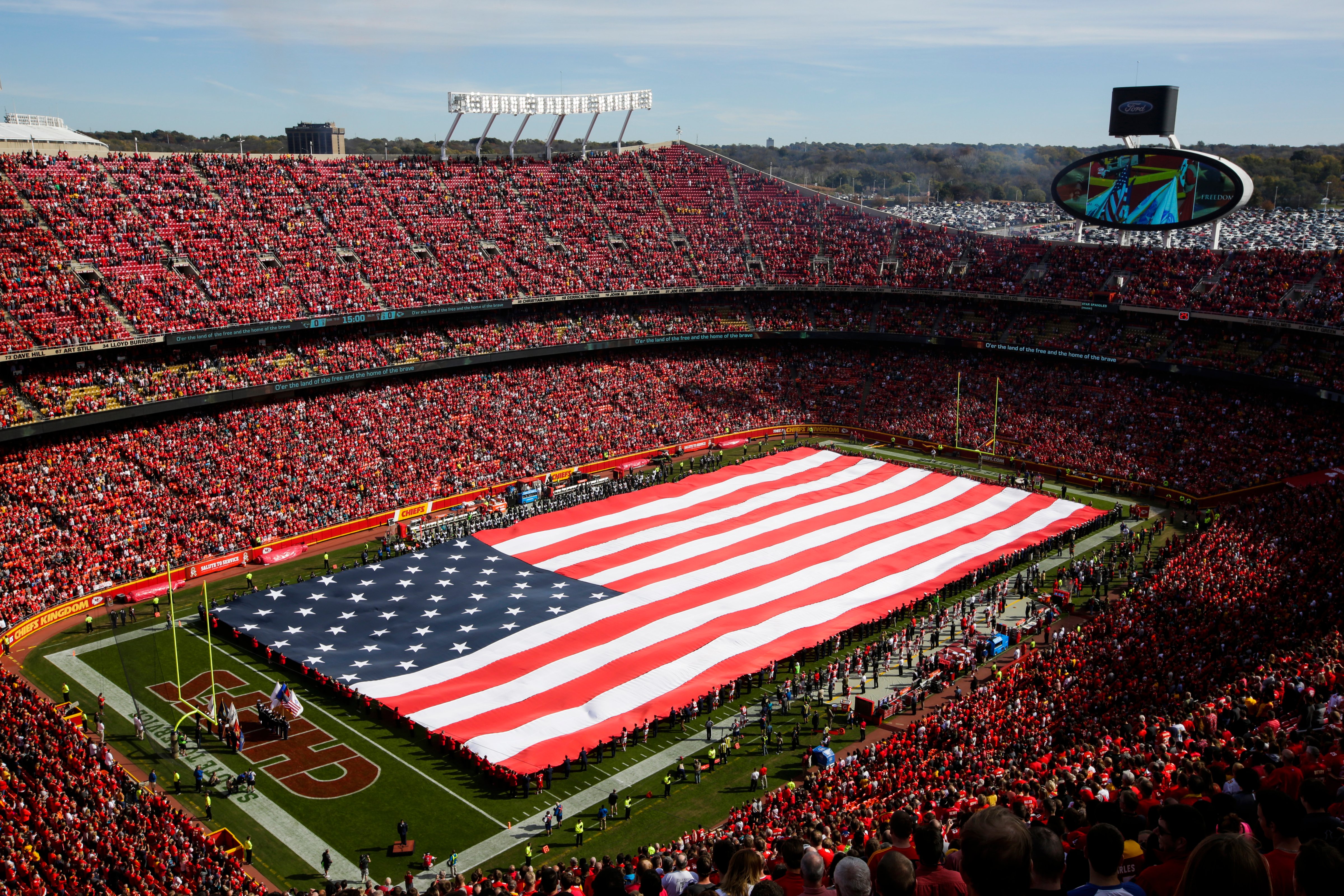 A full field American flag is extended by members of the United States military during the national anthem before the game between the Jacksonville Jaguars and Kansas City Chiefs at Arrowhead Stadium on November 6, 2016 in Kansas City, Missouri. (Jamie Squire—Getty) (Jamie Squire—Getty))