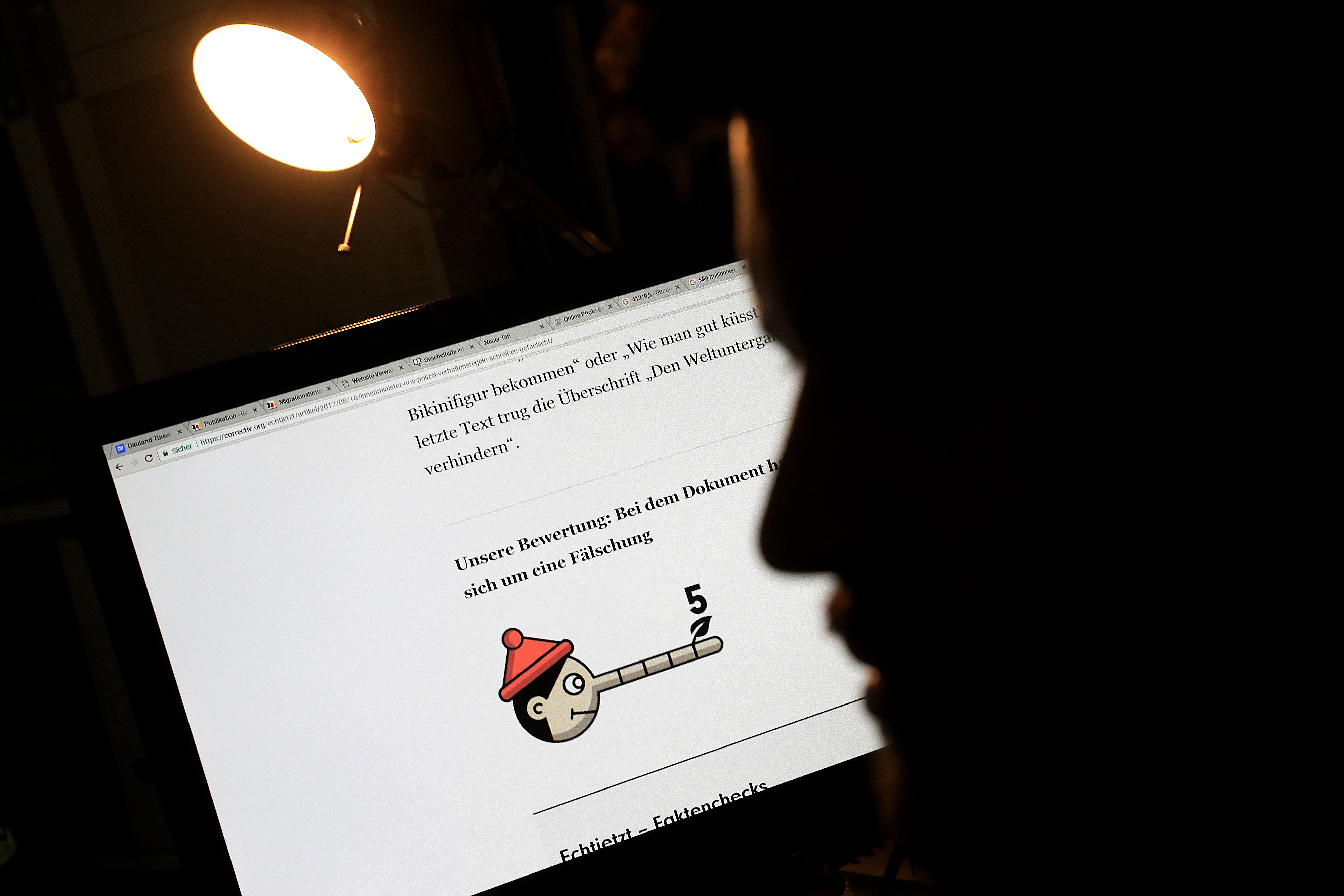 A journalist looks at an internet story rated as 'fake' on the 'Pinocchio scale' in the newsroom of Correctiv, a nonprofit investigative organization, in Berlin, Germany (Bloomberg—Bloomberg via Getty Images)