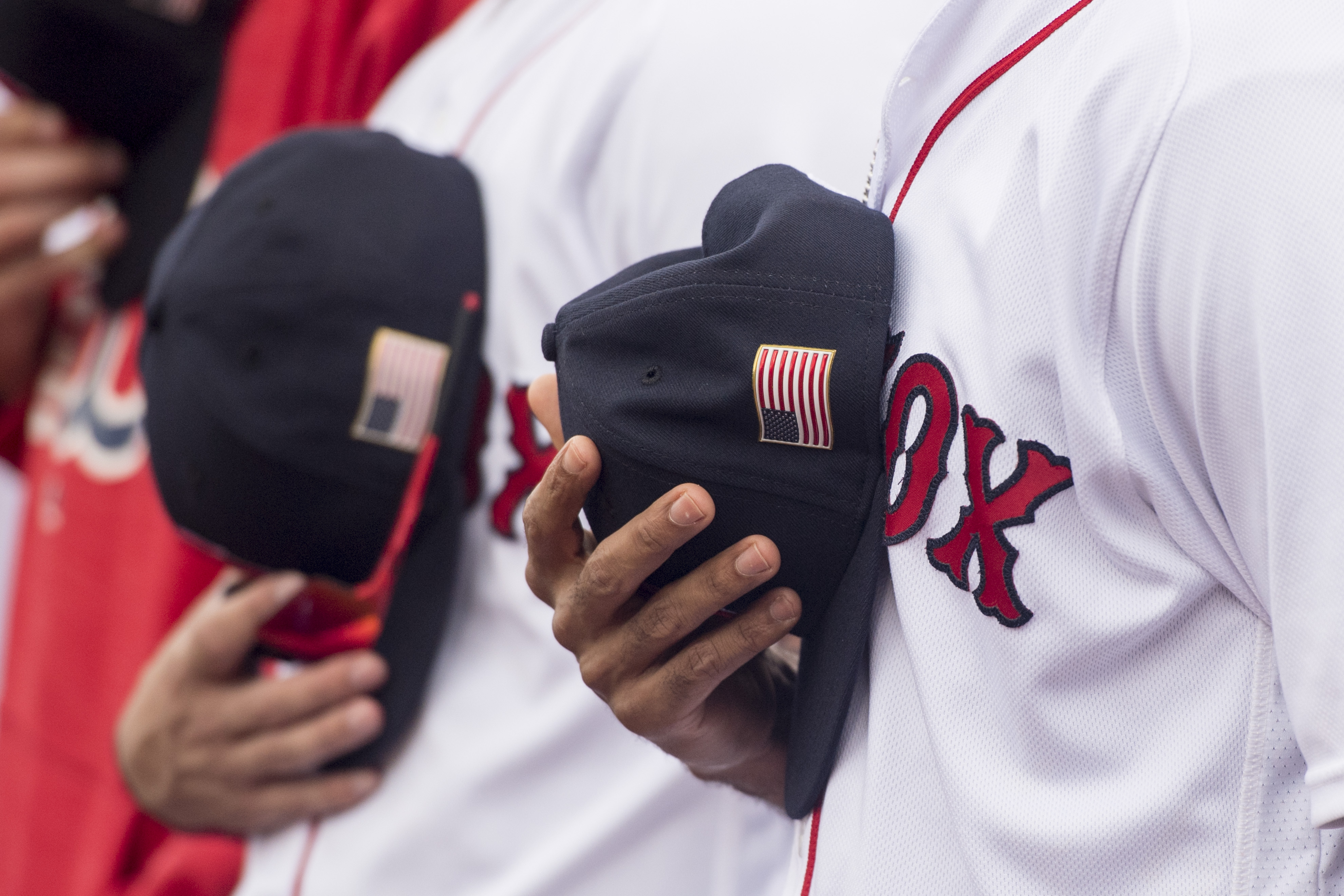 An American flag patch is shown on a cap before a game between the Boston Red Sox and the Tampa Bay Rays on September 10, 2017 at Fenway Park in Boston, Massachusetts. (Photo by Billie Weiss/Boston Red Sox/Getty Images) (Billie Weiss/Boston Red Sox&mdash;Getty Images)