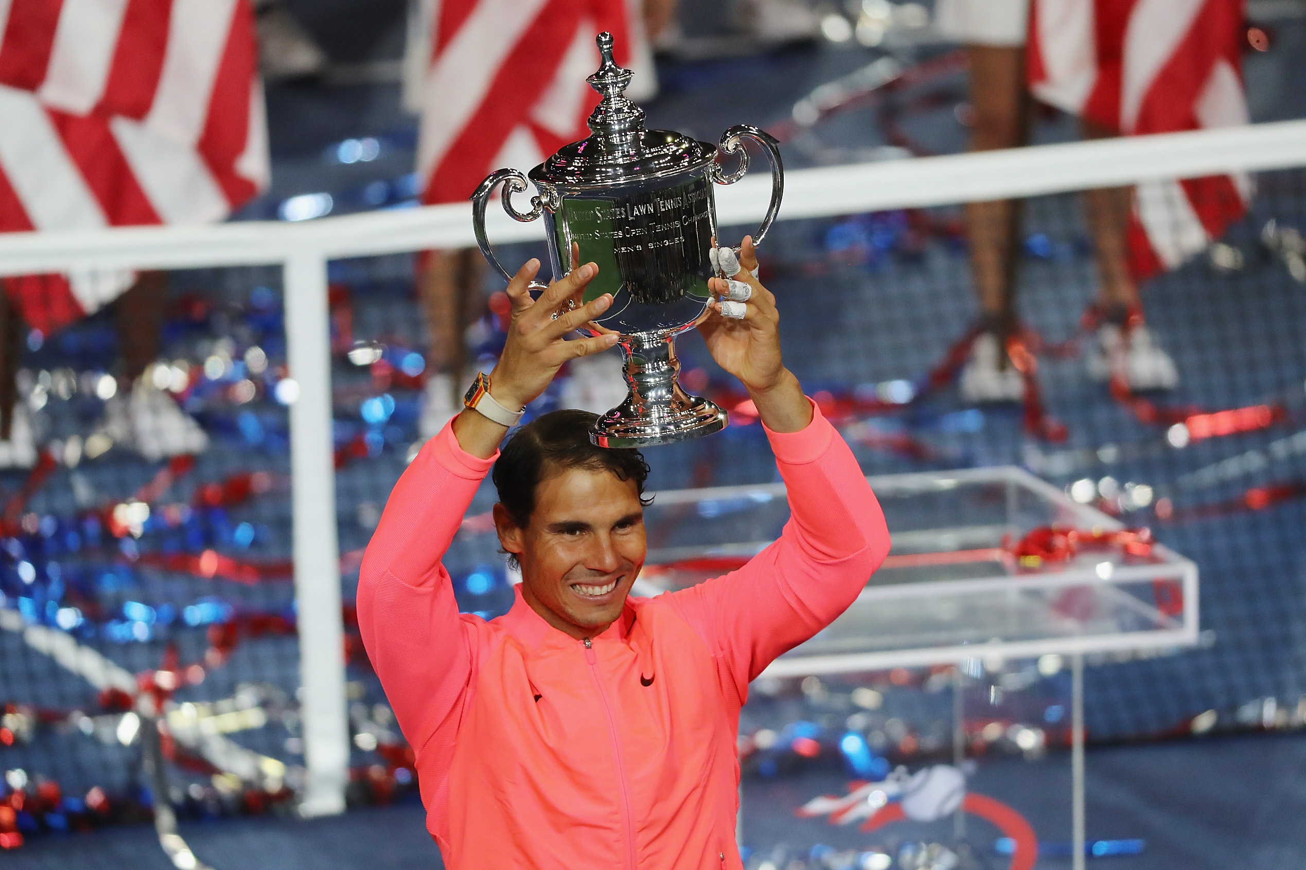 Rafael Nadal of Spain poses with the U.S. Open championship trophy after he defeated Kevin Anderson of South Africa in the Men's Singles Finals match on  on September 10, 2017 in New York City. (Abbie Parr—Getty Images)
