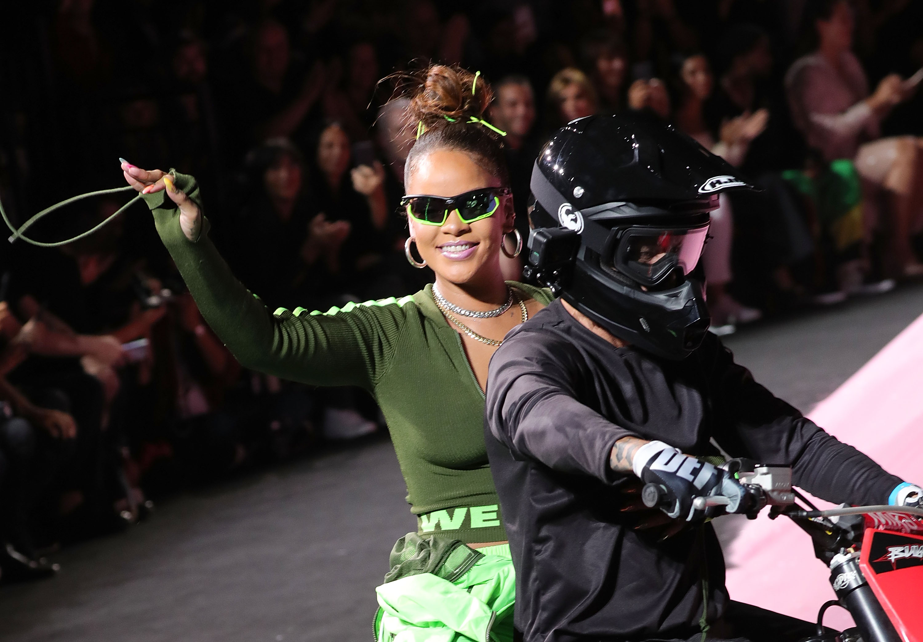 NEW YORK, NY - SEPTEMBER 10:  Rihanna waves from the back of a motorcycle at the finale of the Fenty Puma by Rihanna show during New York Fashion Week at the 69th Regiment Armory on September 10, 2017 in New York City.  (Photo by Paul Morigi/WireImage) (Paul Morigi&mdash;WireImage)