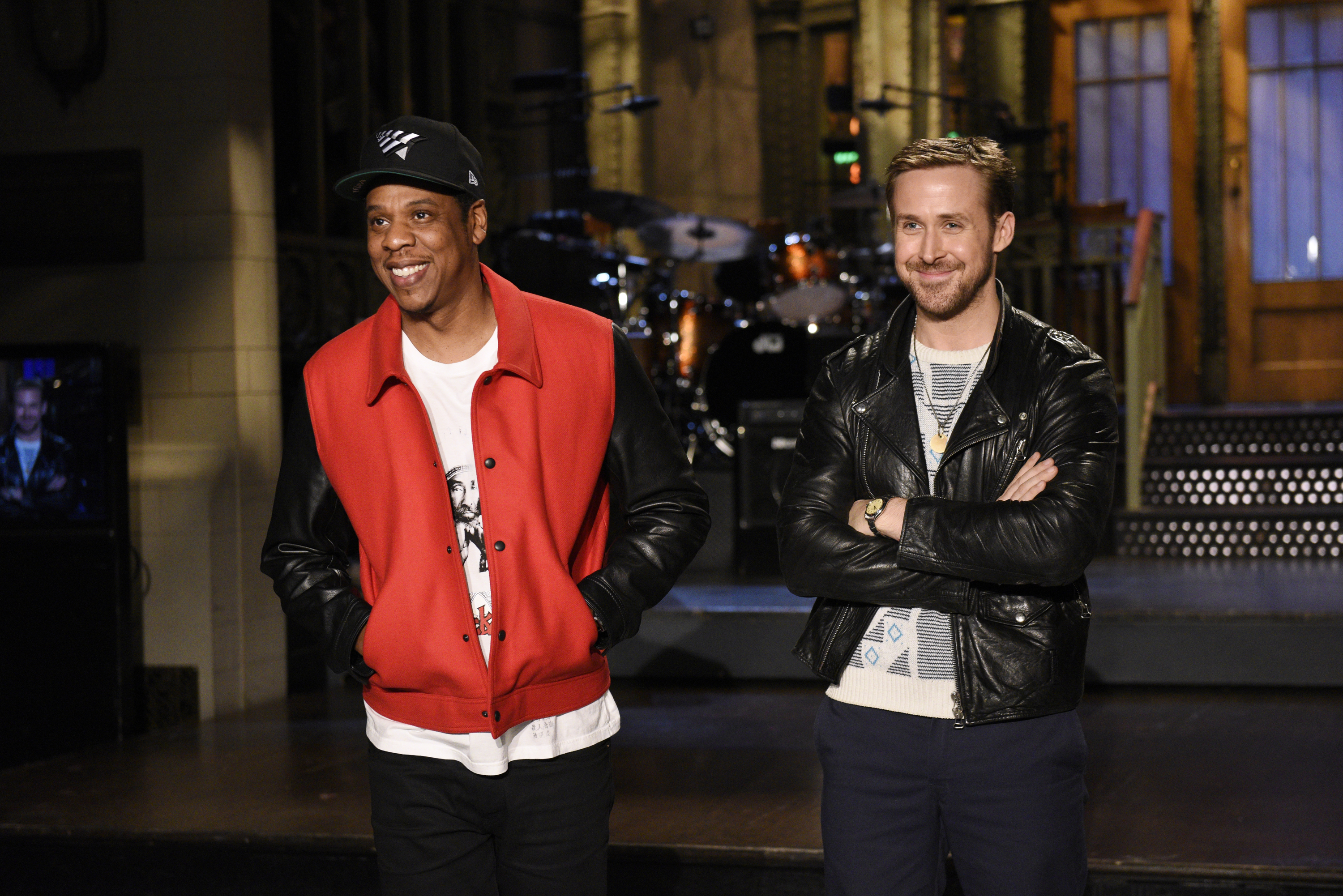Musical Guest Jay Z with Host Ryan Gosling in Studio 8H on Thursday, September 28, 2017. (Photograph by Rosalind O'Connor—NBC/NBCU Photo Bank—Getty)