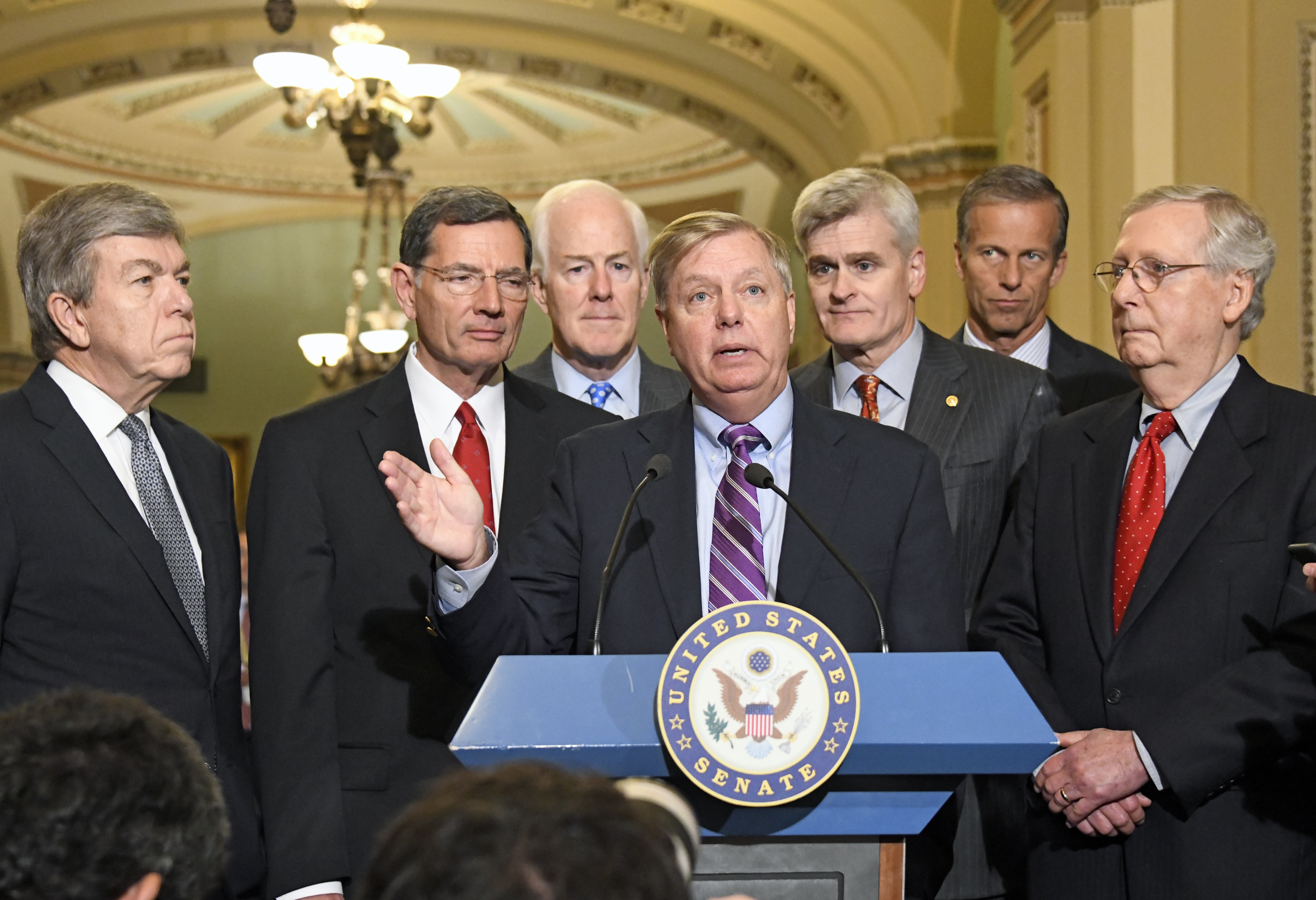 United States Senator Lindsey Graham (Republican of South Carolina) speaks to reporters outside the US Senate Chamber following the Republican weekly luncheon caucus in the US Capitol in Washington, DC on Sept.19, 2017. (Ron Sachs—AP Images)
