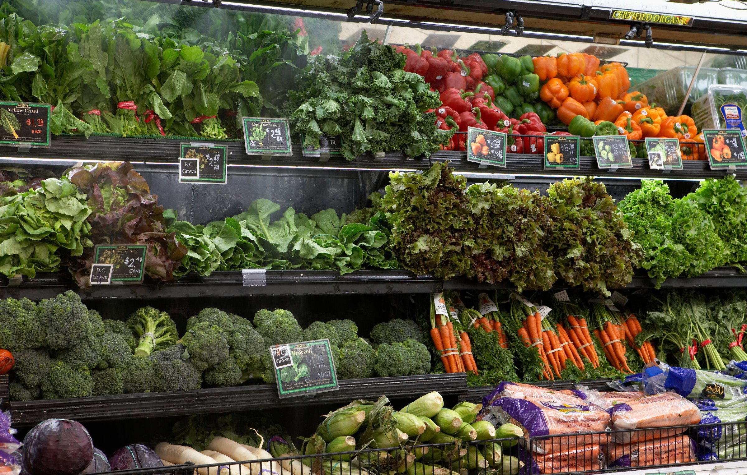 Produce aisle in supermarket, close-up