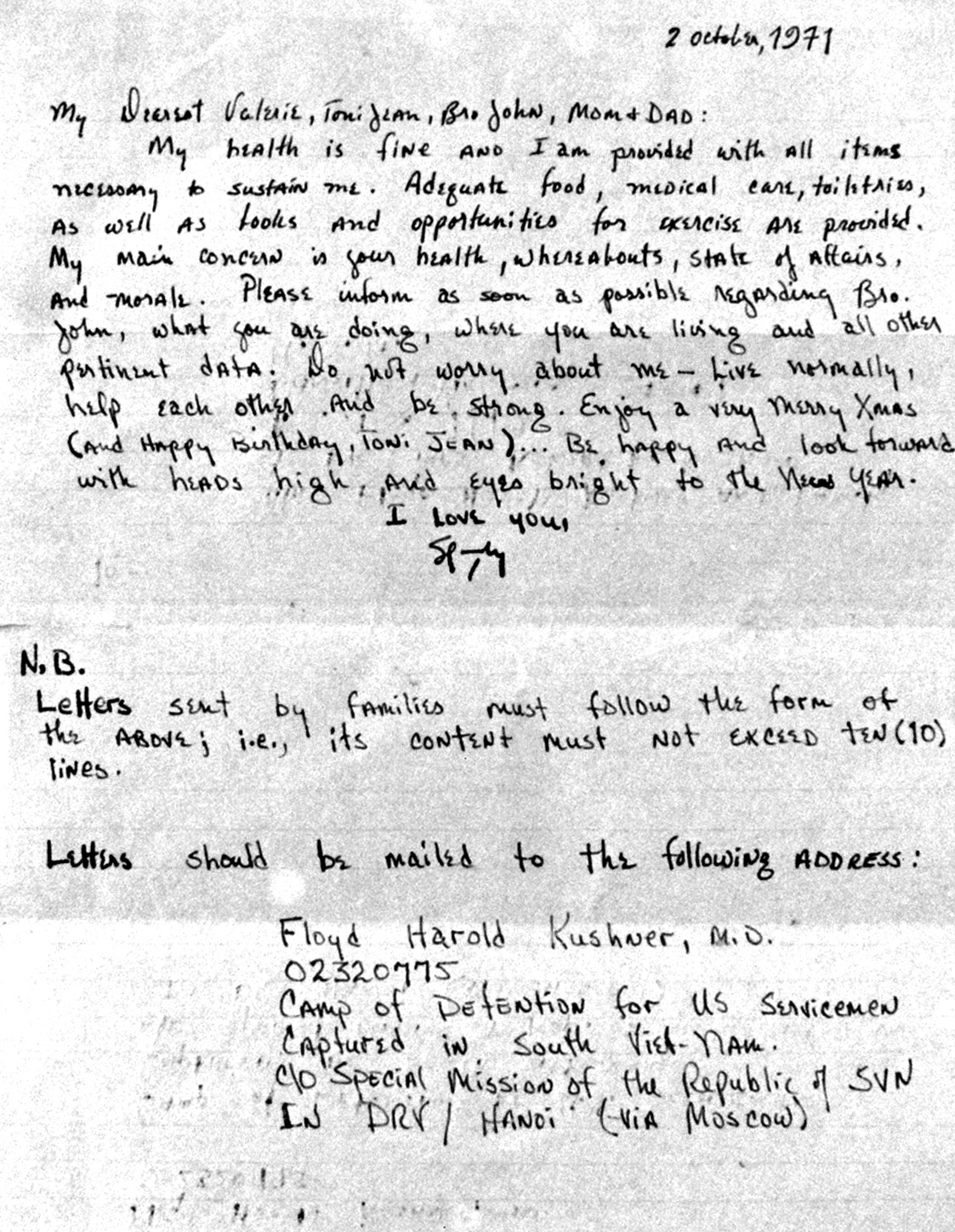 Vietnam POW Hal Kushner letter to his wife and family