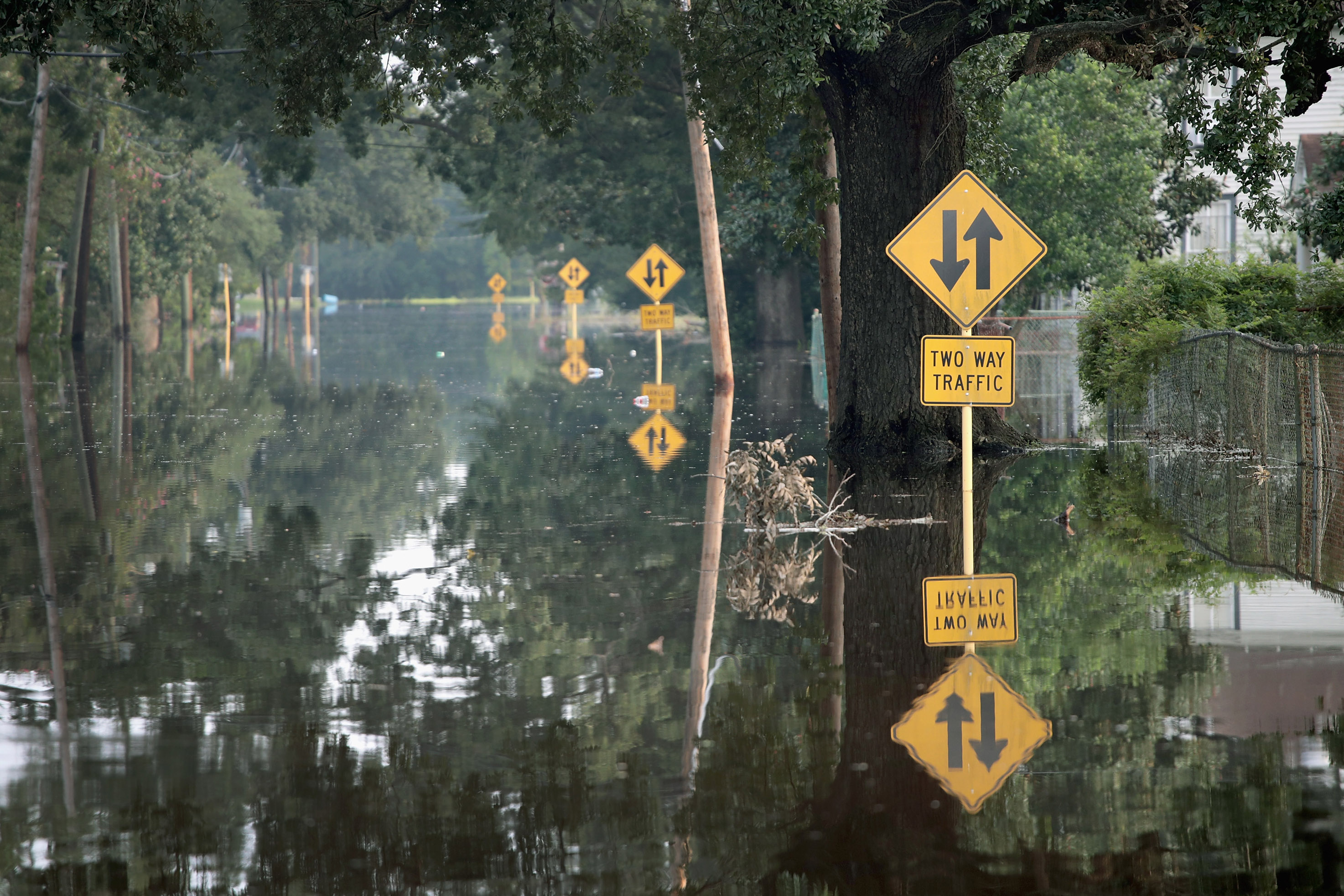 A street is covered with floodwater after torrential rains pounded Southeast Texas following Hurricane Harvey on Sept. 3, 2017 in Orange, Texas. (Scott Olson&mdash;Getty Images)