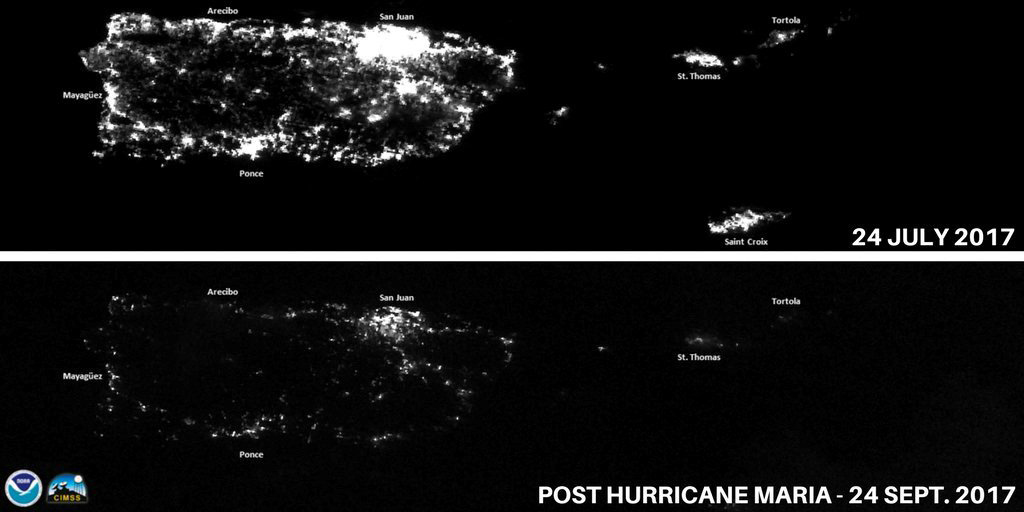 A combination of NOAA satellite images taken at night shows Puerto Rico in July, top, and on Sept. 24, 2017, after Hurricane Maria knocked out the island's power grid. (NASA/NOAA/Handout/Reuters)