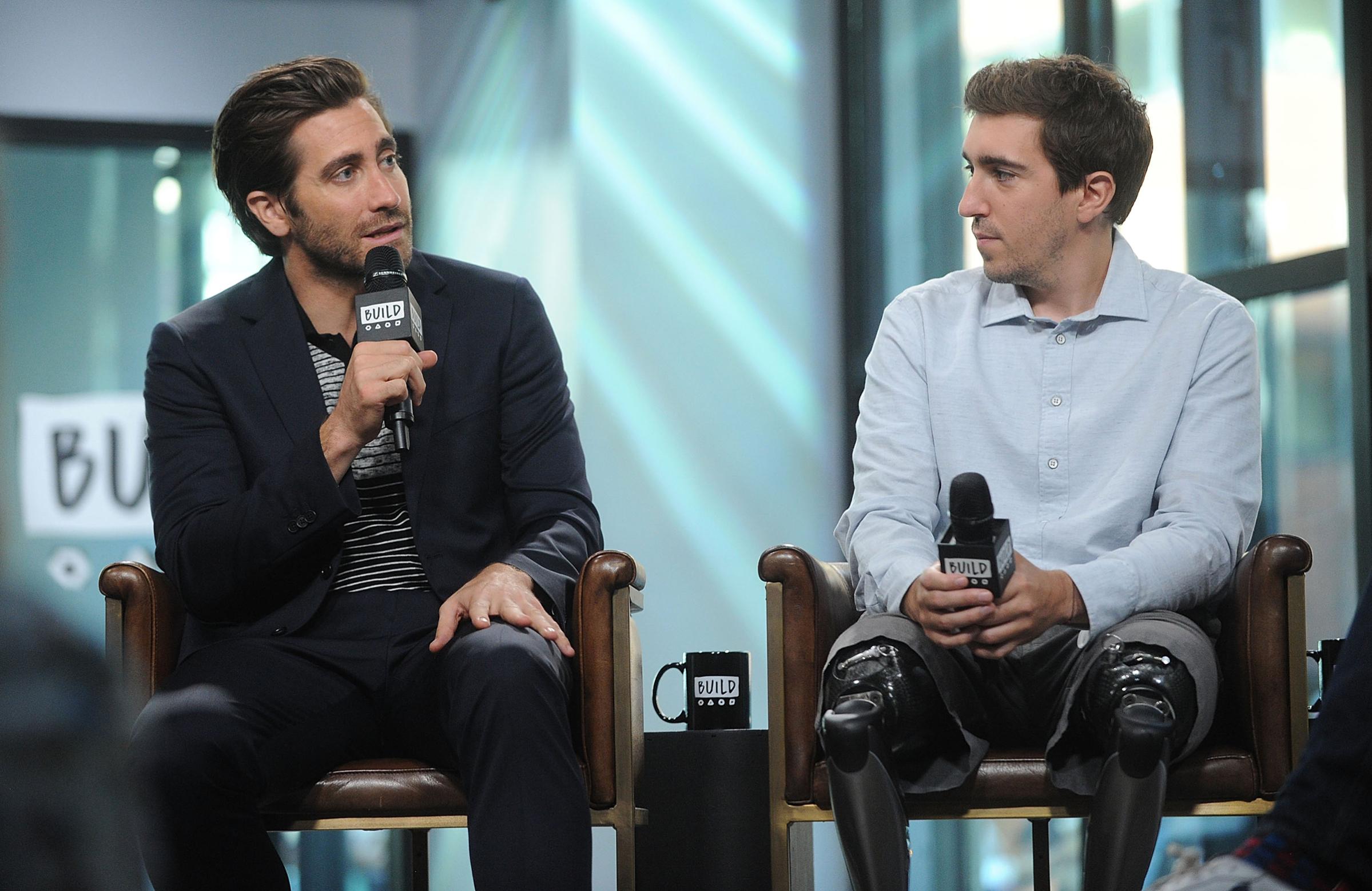 Jake Gyllenhaal, left, and Jeff Bauman attend Build Presents The Cast Of 'Stronger' at Build Studio in New York City on Sept. 15, 2017.