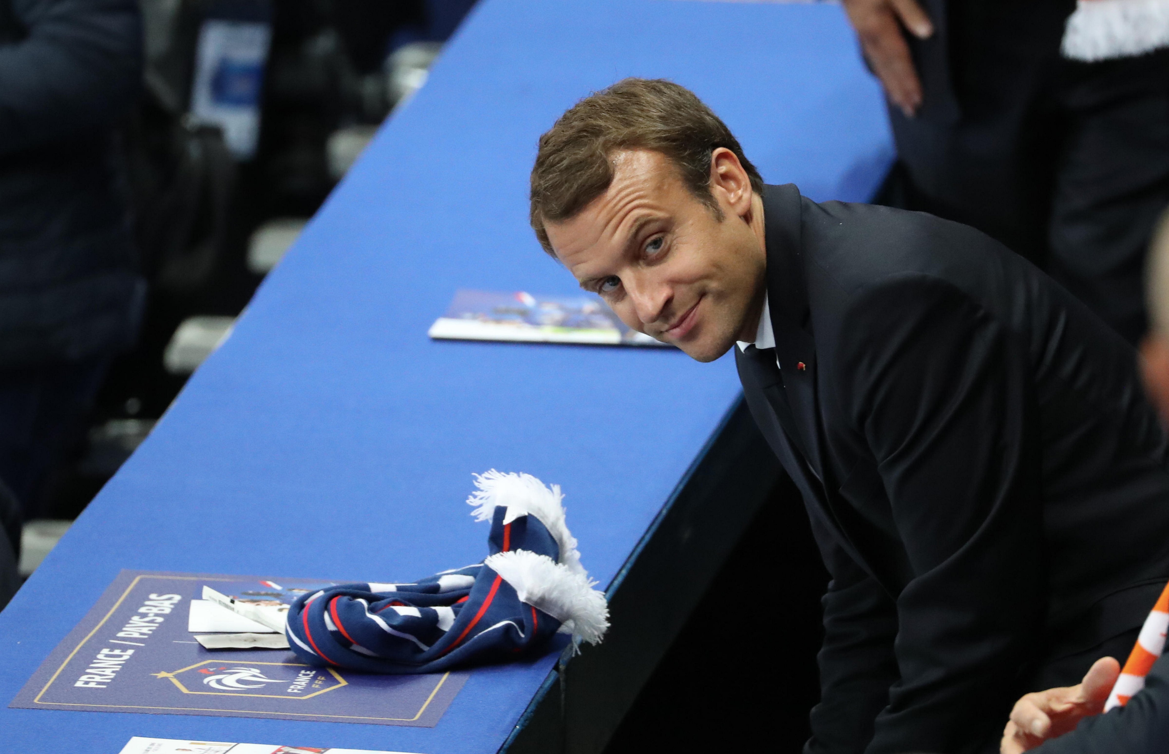 French president Emmanuel Macron reacts during the FIFA 2018 World Cup Qualifier between France and Netherlands. (Xavier Laine - Getty Images)
