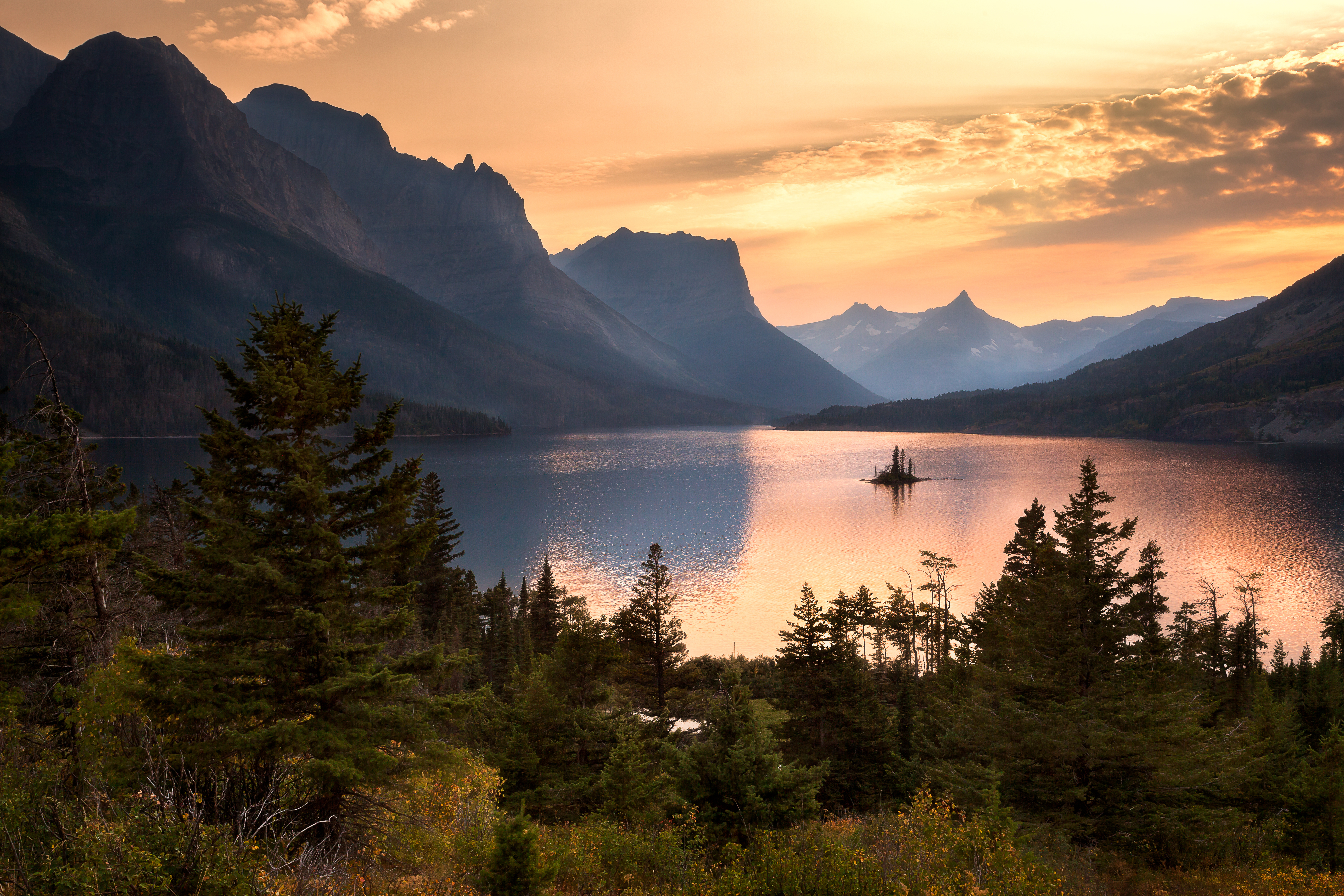 Wild Goose Island in Saint Mary's Lake in Glacier National Park at sunset.