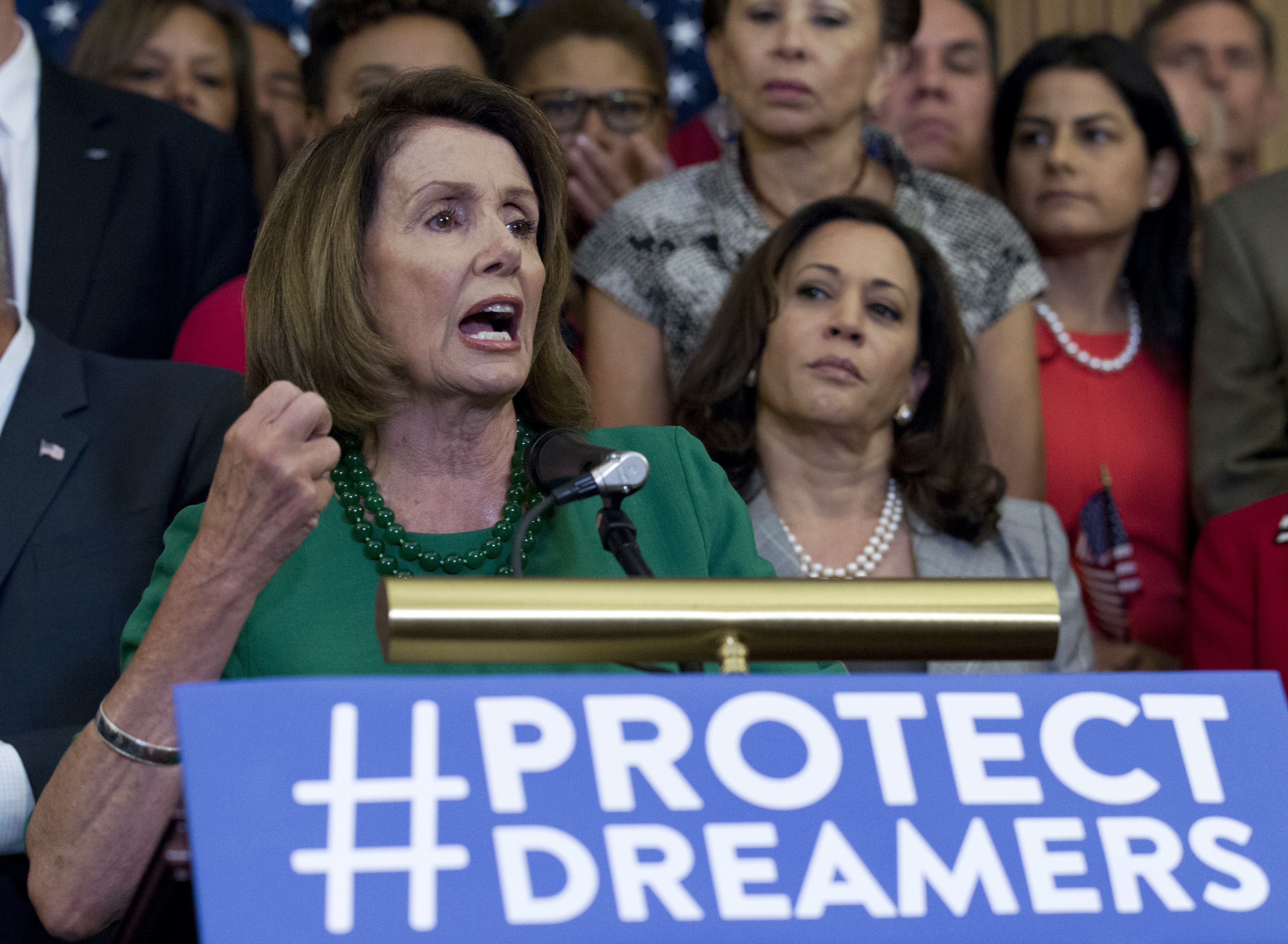 House Minority Leader Nancy Pelosi at a news conference on Capitol Hill in Washington, on Sept. 6, 2017 calling for Congressional Republicans to stand up to President Trump's decision to terminate DACA. (Jose Luis Magana—AP)