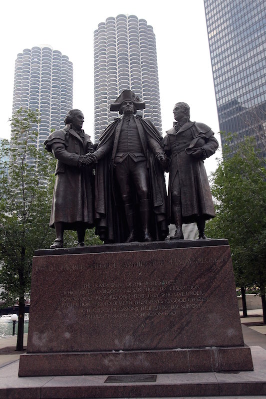 A statue of Robert Morris, George Washington and Haym Salomon sits on East Wacker Drive in Chicago on Sept. 5, 2009. (Raymond Boyd—Getty Images)