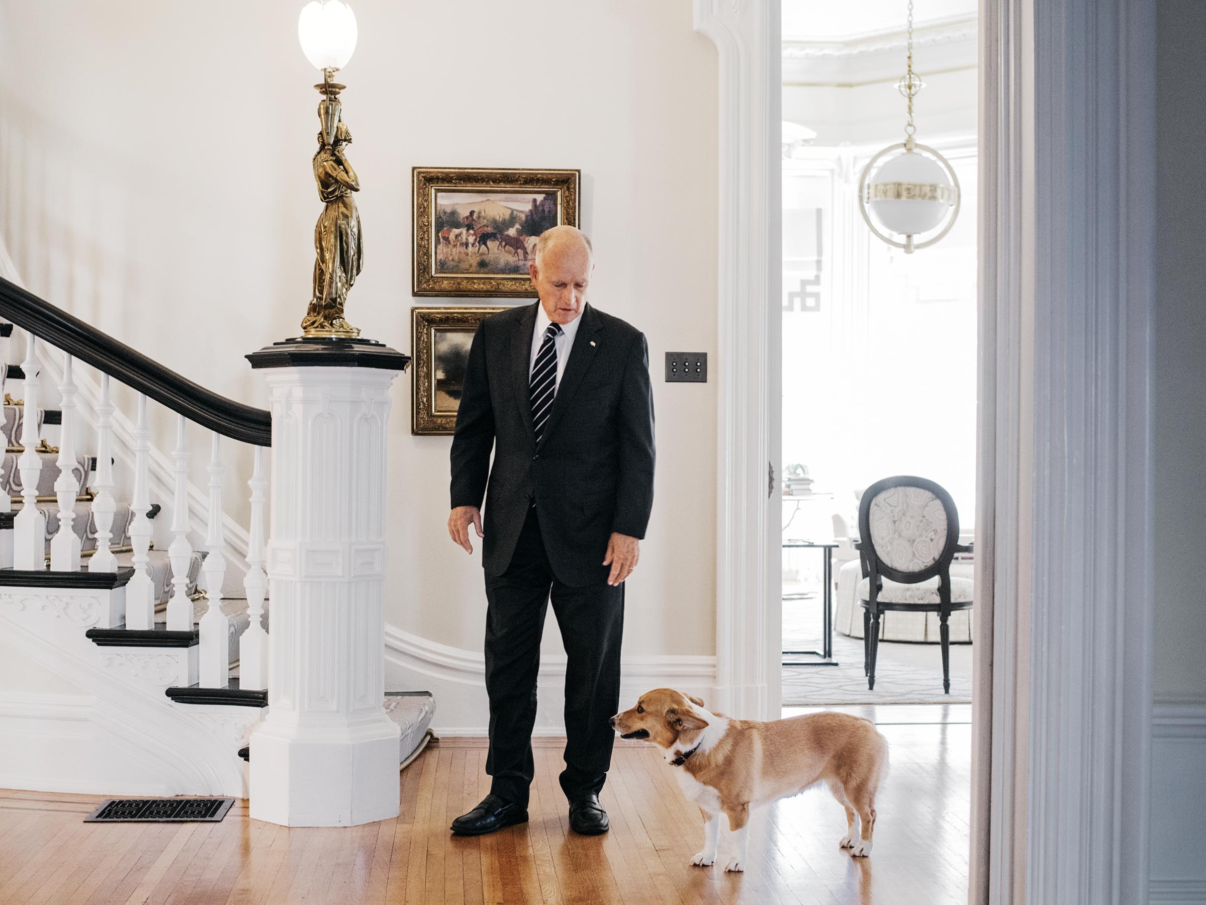 California Governor Jerry Brown, nearing the end of an unprecedented fourth term in office, stands in the governor’s mansion in Sacramento