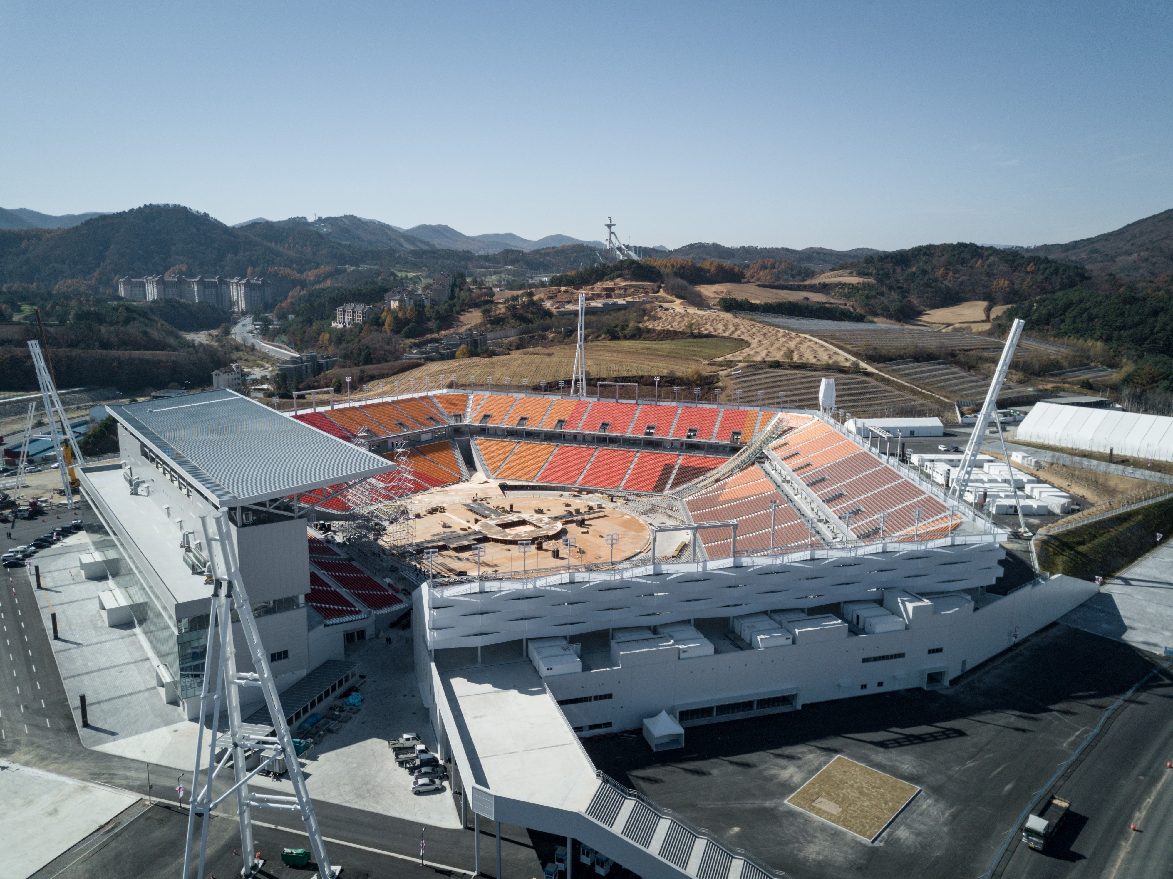 An aerial photo shows a general view of the Pyeongchang Olympic Stadium venue of the Pyeongchang 2018 Winter Olympic games, in the town of Hoenggye on October 31, 2017. (Ed Jones—AFP/Getty Images) (Ed Jones—AFP/Getty Images))