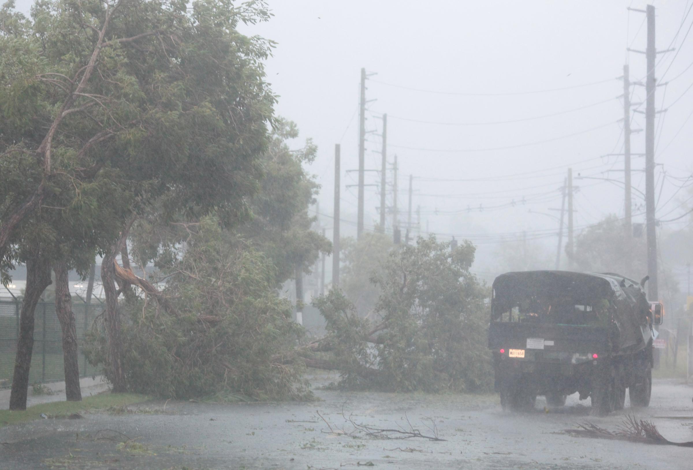 A truck drives past fallen trees as Hurricane Irma howls past Puerto Rico after thrashing several smaller Caribbean islands, in Fajardo